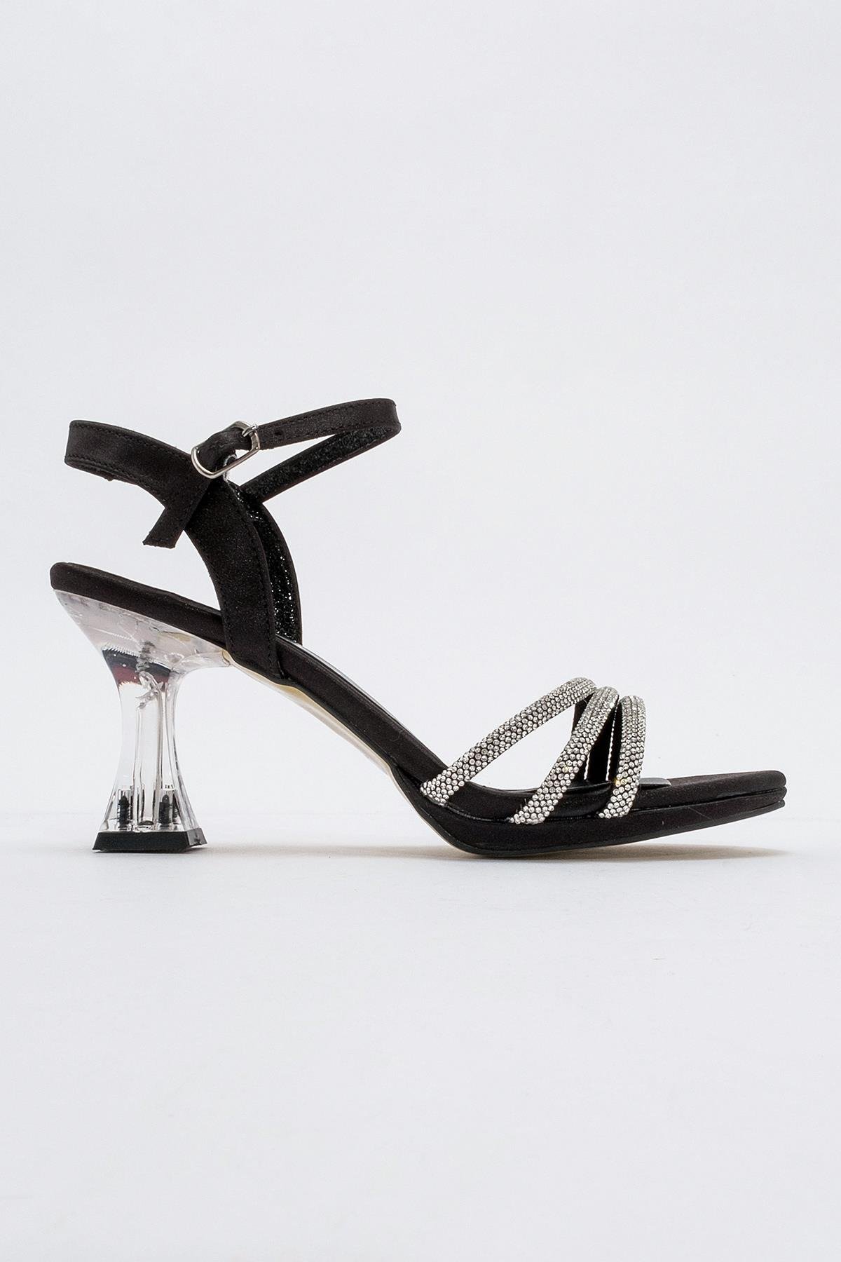 Kadın Taşlı Topuklu Sandalet SİYAH SATEN - Görsel 3