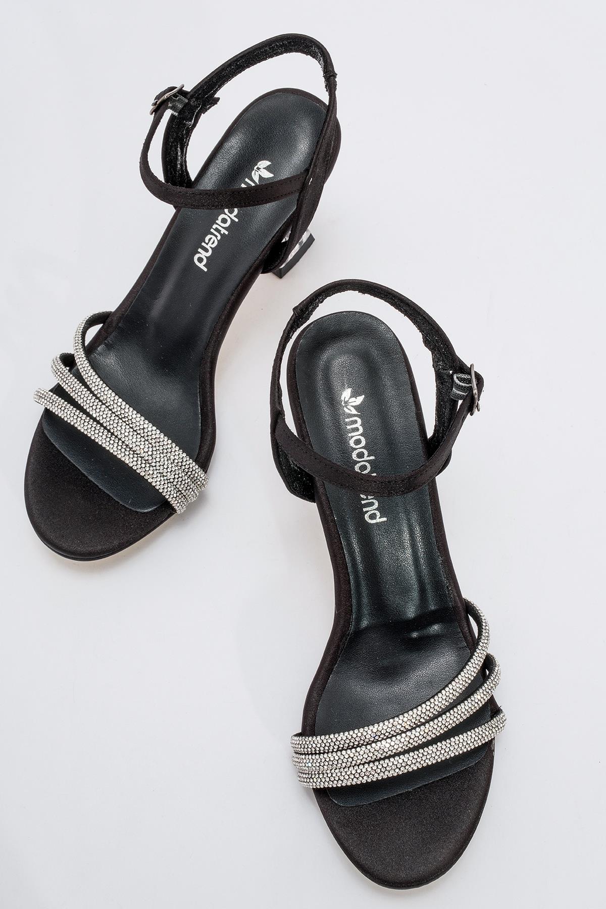 Kadın Taşlı Topuklu Sandalet SİYAH SATEN - Görsel 5