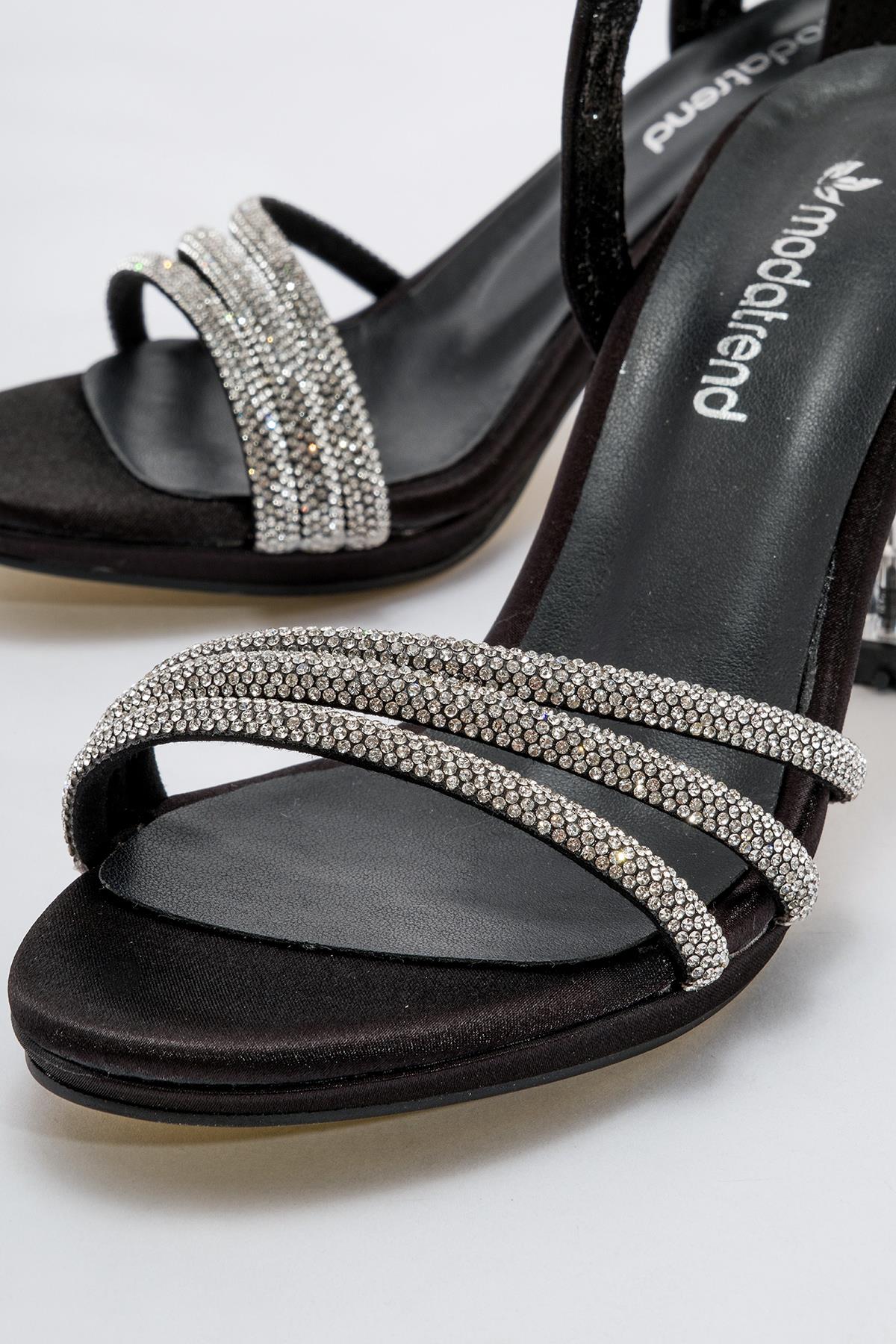 Kadın Taşlı Topuklu Sandalet SİYAH SATEN - Görsel 7