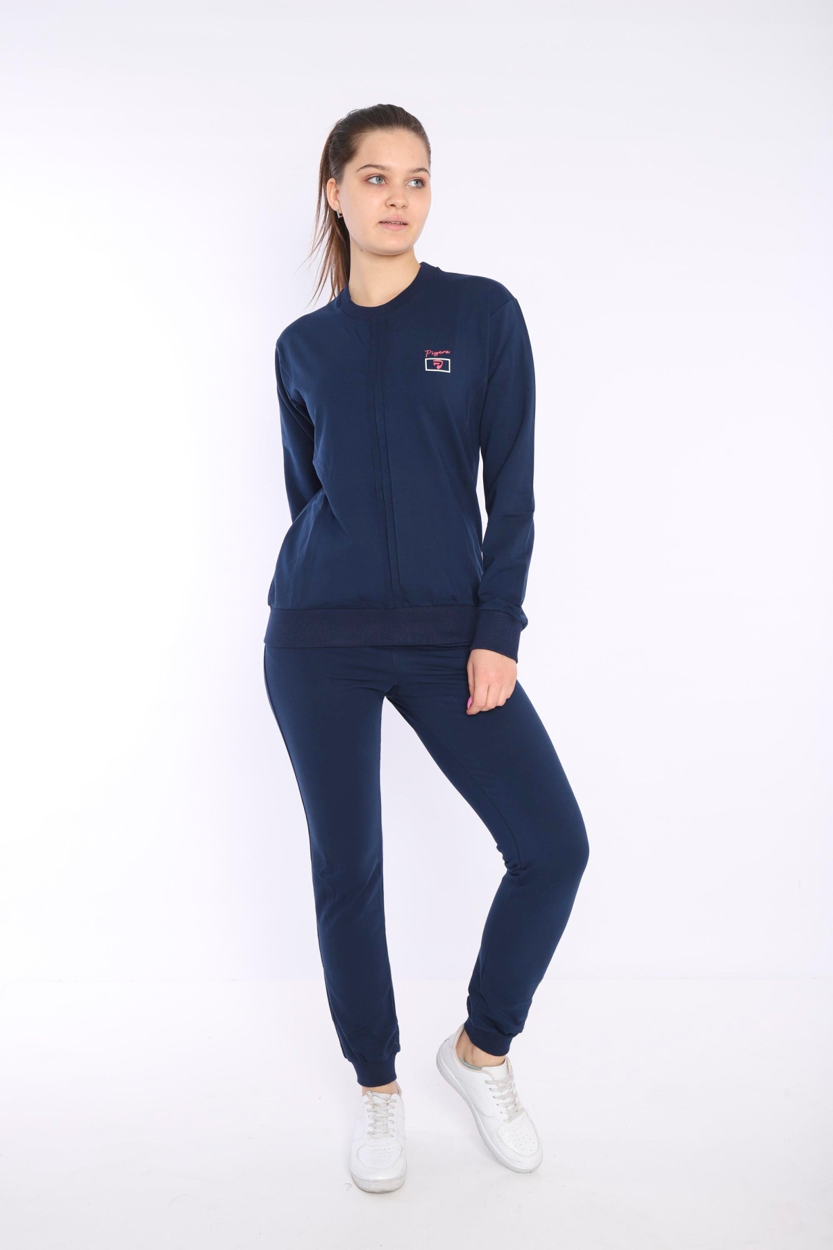 Kadın Açık Lacivert İki İplik Dikiş Detaylı Uzun Kol Sweatshirt Eşofman Takım - 7643