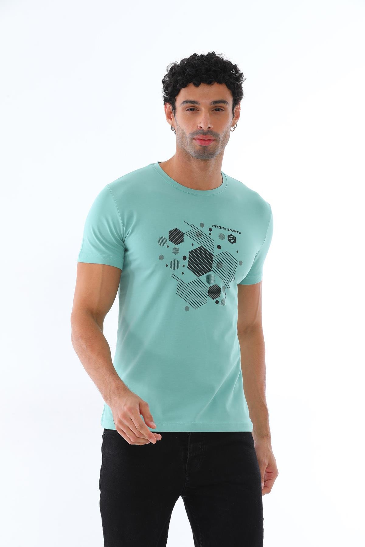 Erkek Yosun Yeşili Süprem Kumaş Geometrik Baskılı Bisiklet Yaka Kısa Kol T-Shirt - 140