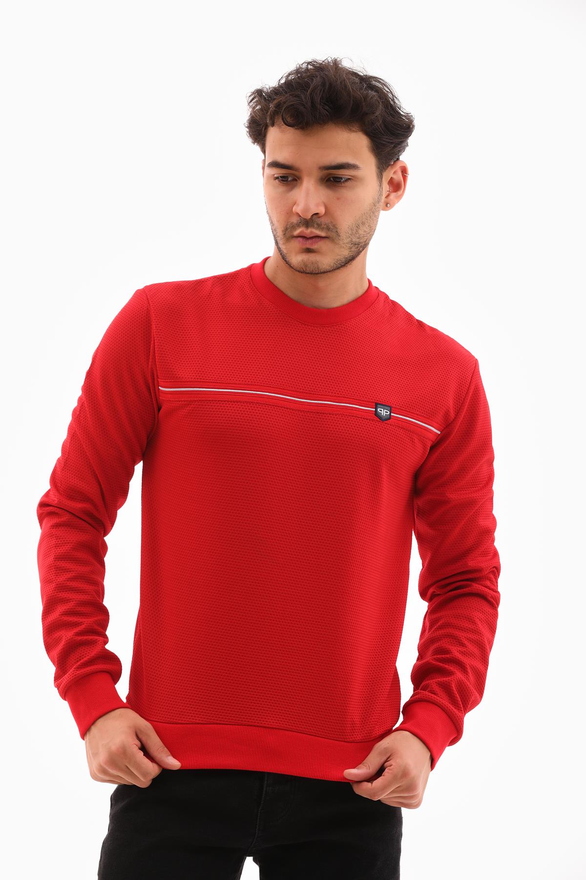 Erkek Kırmızı Renk Mare Jaker Kumaş Bisiklet Yaka Uzun Kol Gögüste Şerit Nakış Sweatshirt - 7657