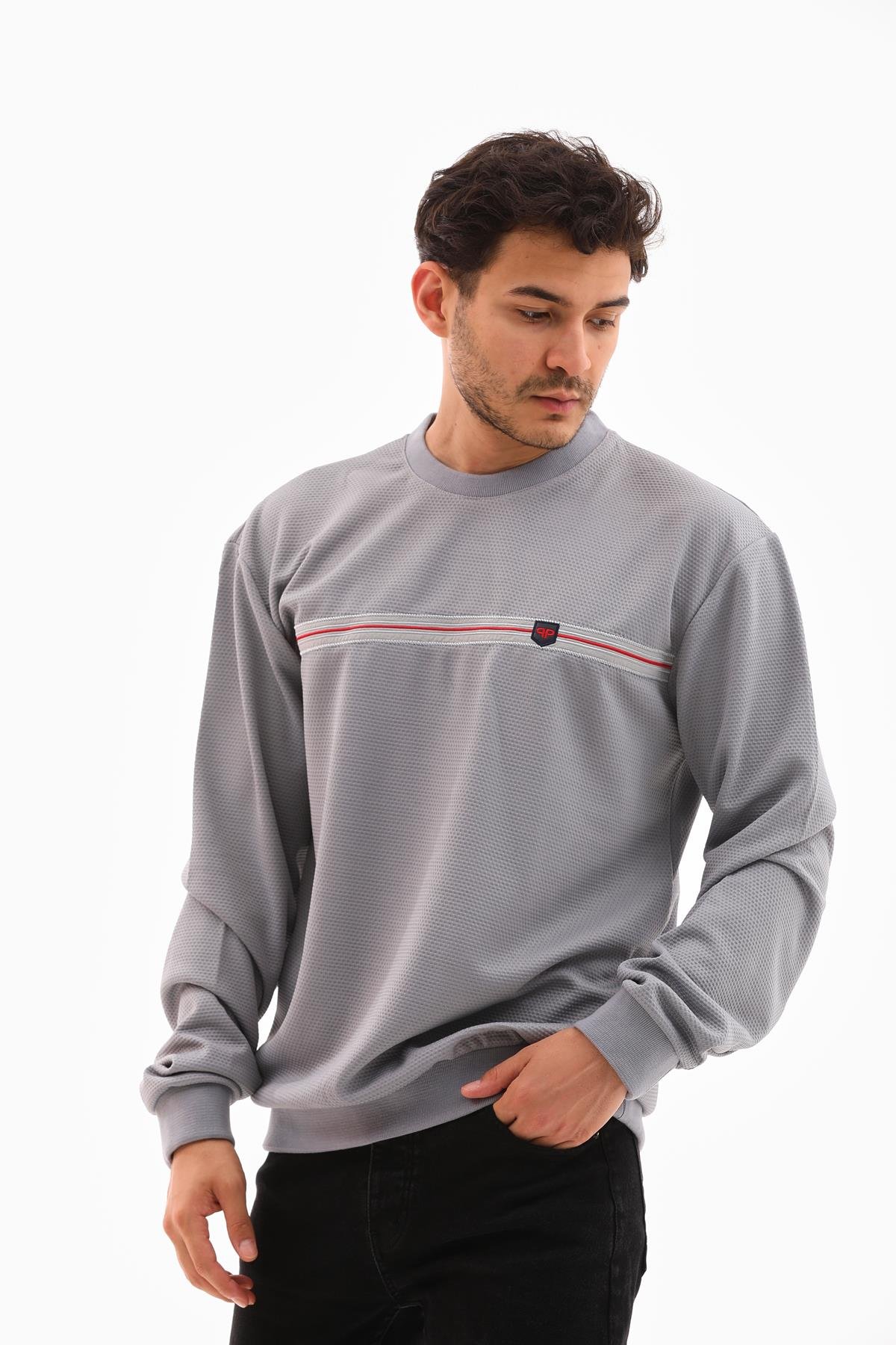 Erkek Açık Gri Renk Mare Jaker Kumaş Bisiklet Yaka Uzun Kol Gögüste Şerit Nakış Sweatshirt - 7657