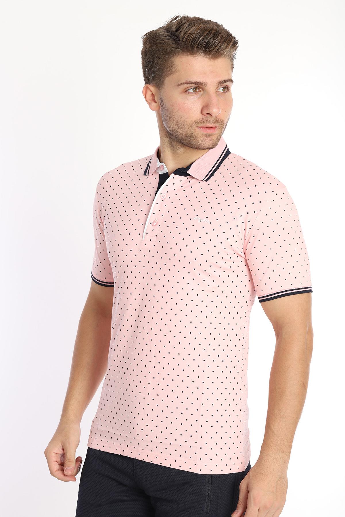 Erkek Pembe Amerikan Pike Kumaş Puantiye Model Polo Yaka Kısa Kol T-Shirt - 13