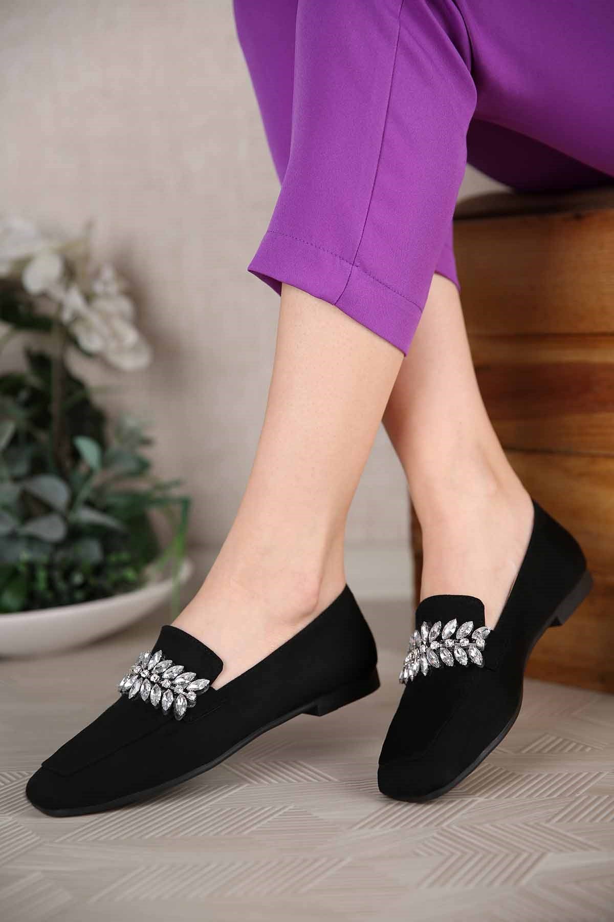 Kadın Taşlı Babet SİYAH SÜET - Görsel 3