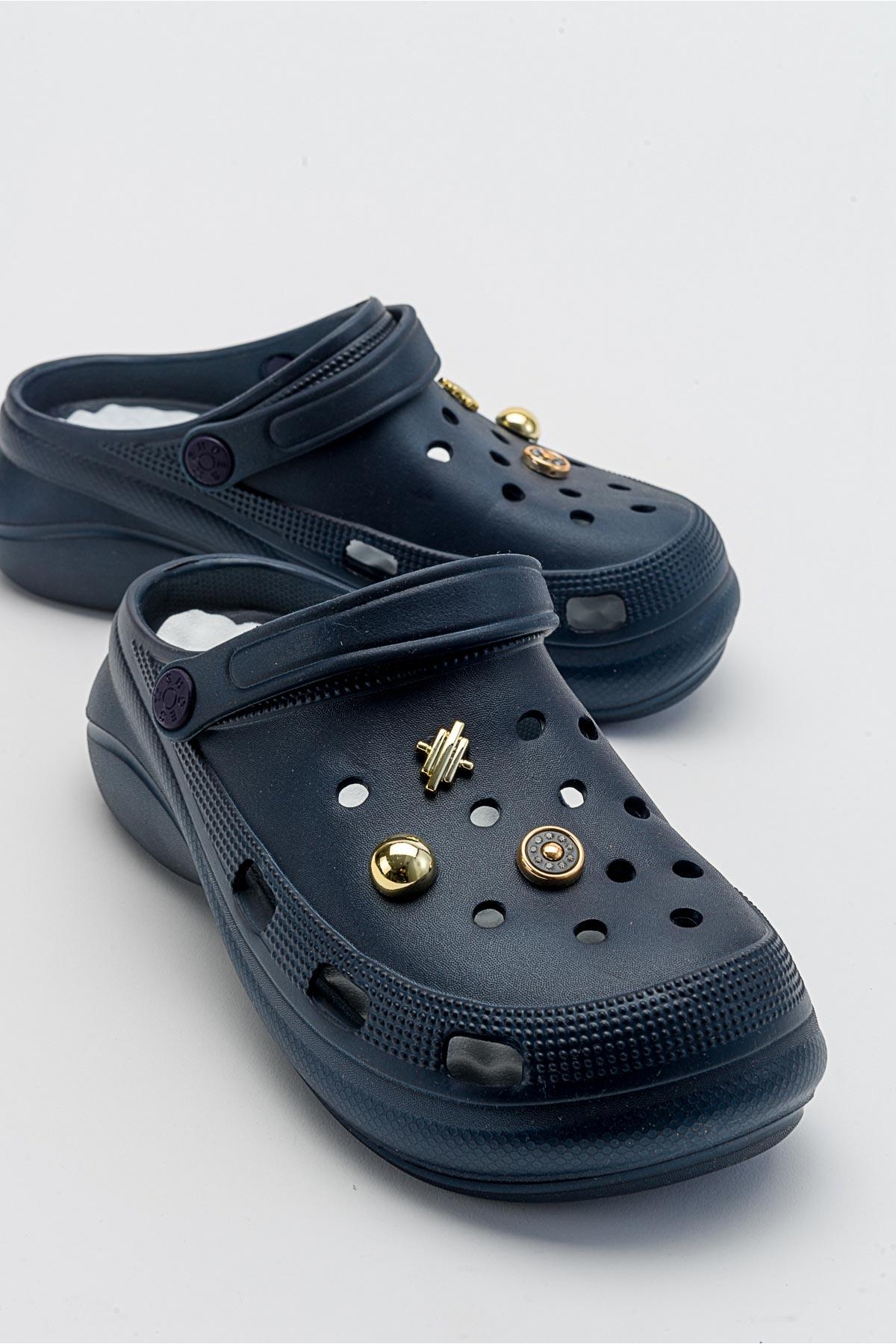 Aksesuarlı Kalın Taban Kadın Sabo Terlik LACİVERT - Görsel 2