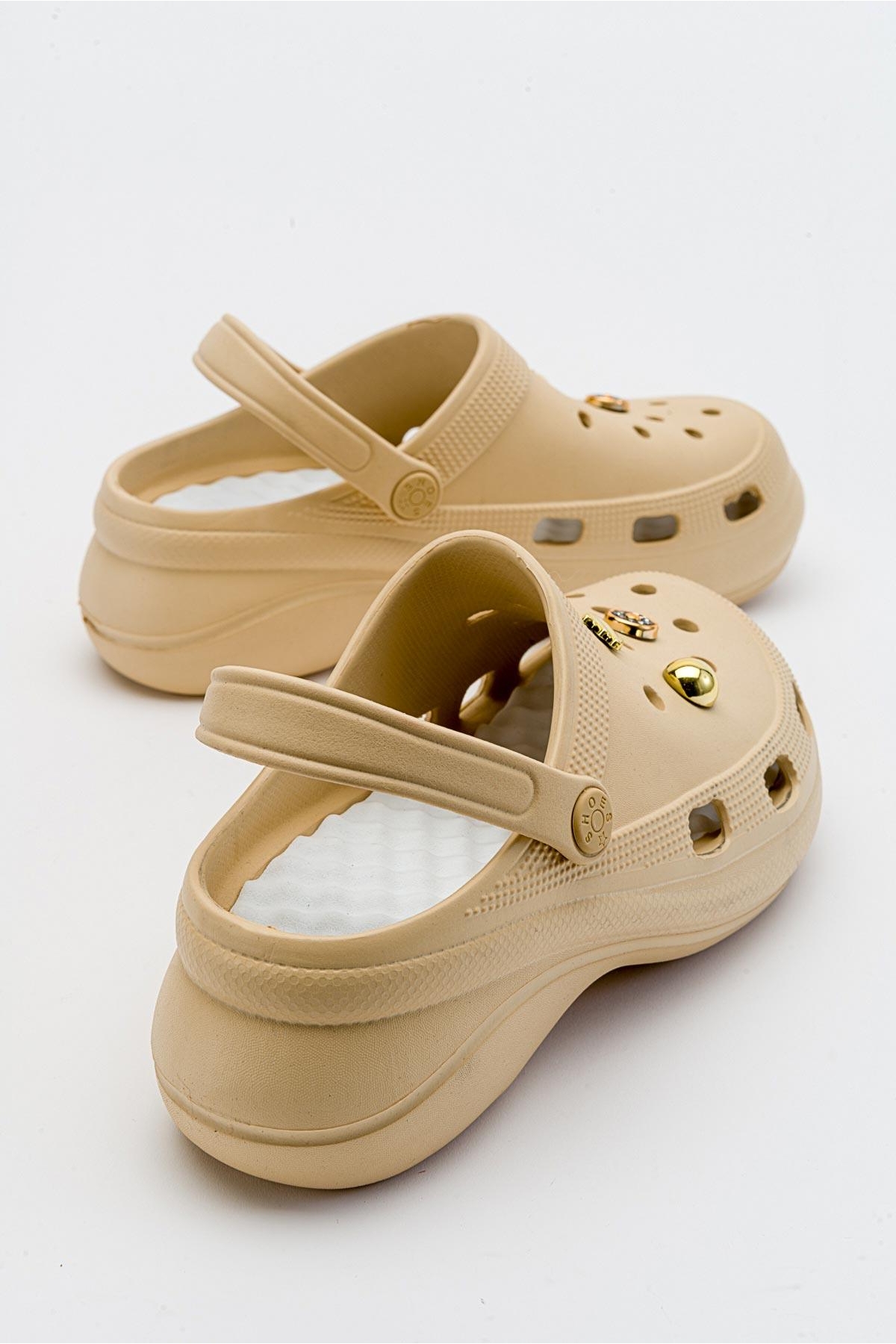 Aksesuarlı Kalın Taban Kadın Sabo Terlik BEJ - Görsel 5