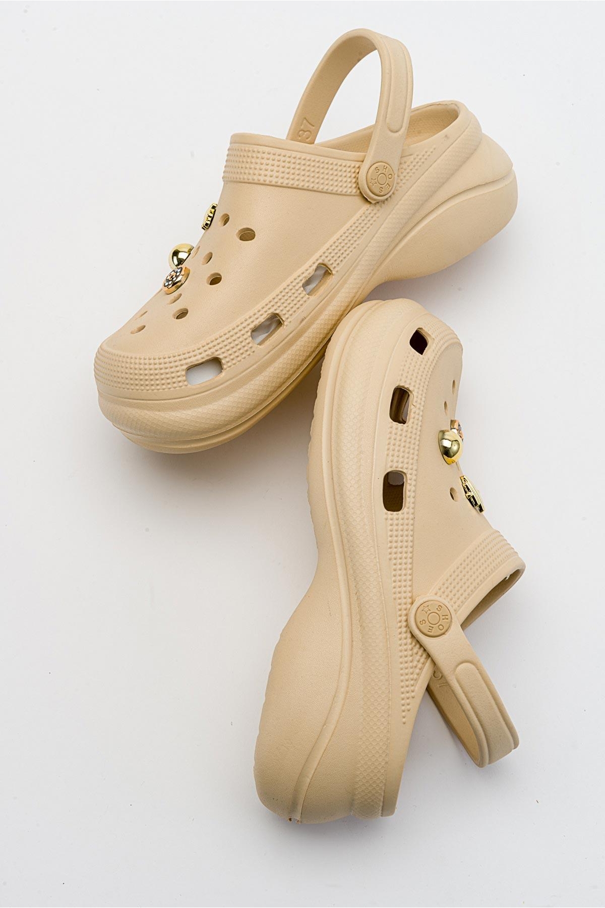 Aksesuarlı Kalın Taban Kadın Sabo Terlik BEJ - Görsel 7