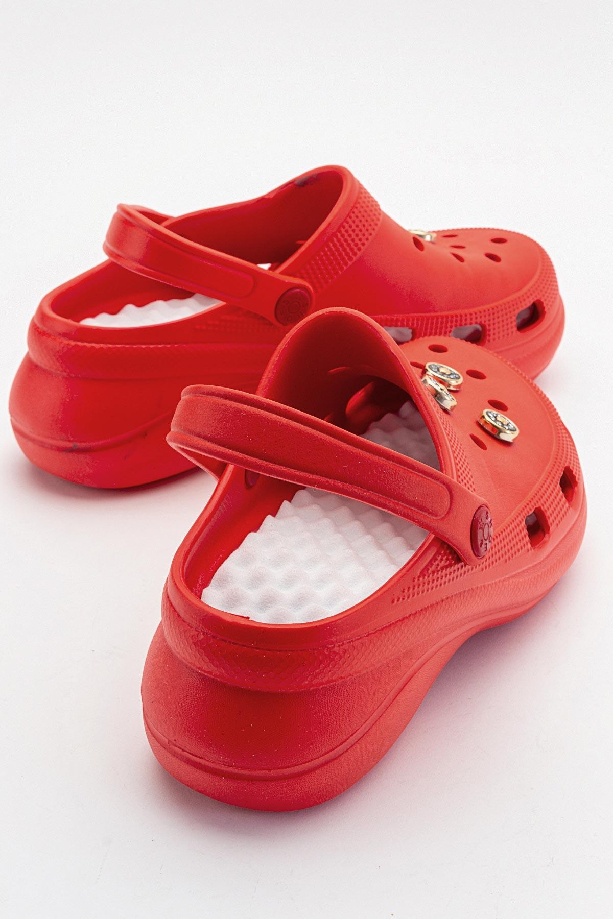 Aksesuarlı Kalın Taban Kadın Sabo Terlik KIRMIZI - Görsel 5