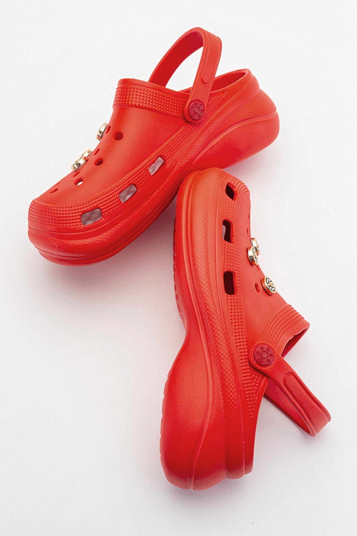 Aksesuarlı Kalın Taban Kadın Sabo Terlik KIRMIZI - Görsel 7