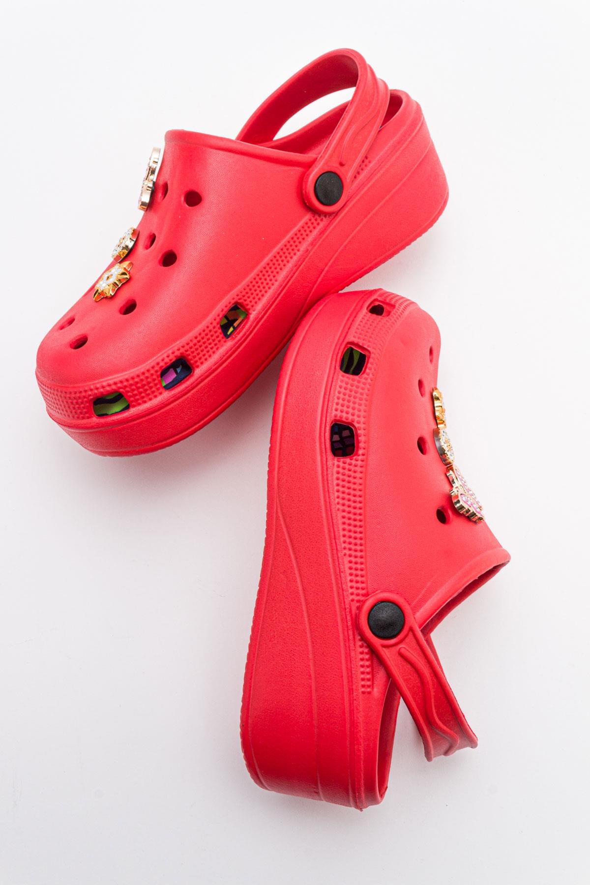 Aksesuarlı Kalın Taban Kadın Sabo Terlik KIRMIZI - Görsel 7