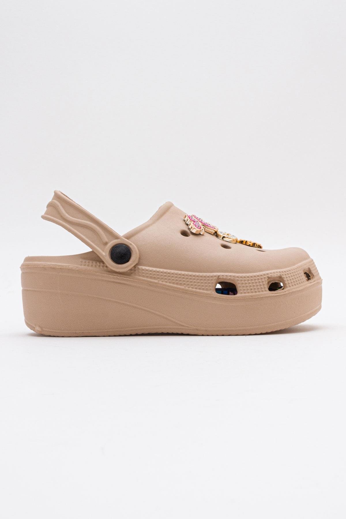 Aksesuarlı Kalın Taban Kadın Sabo Terlik BEJ - Görsel 3