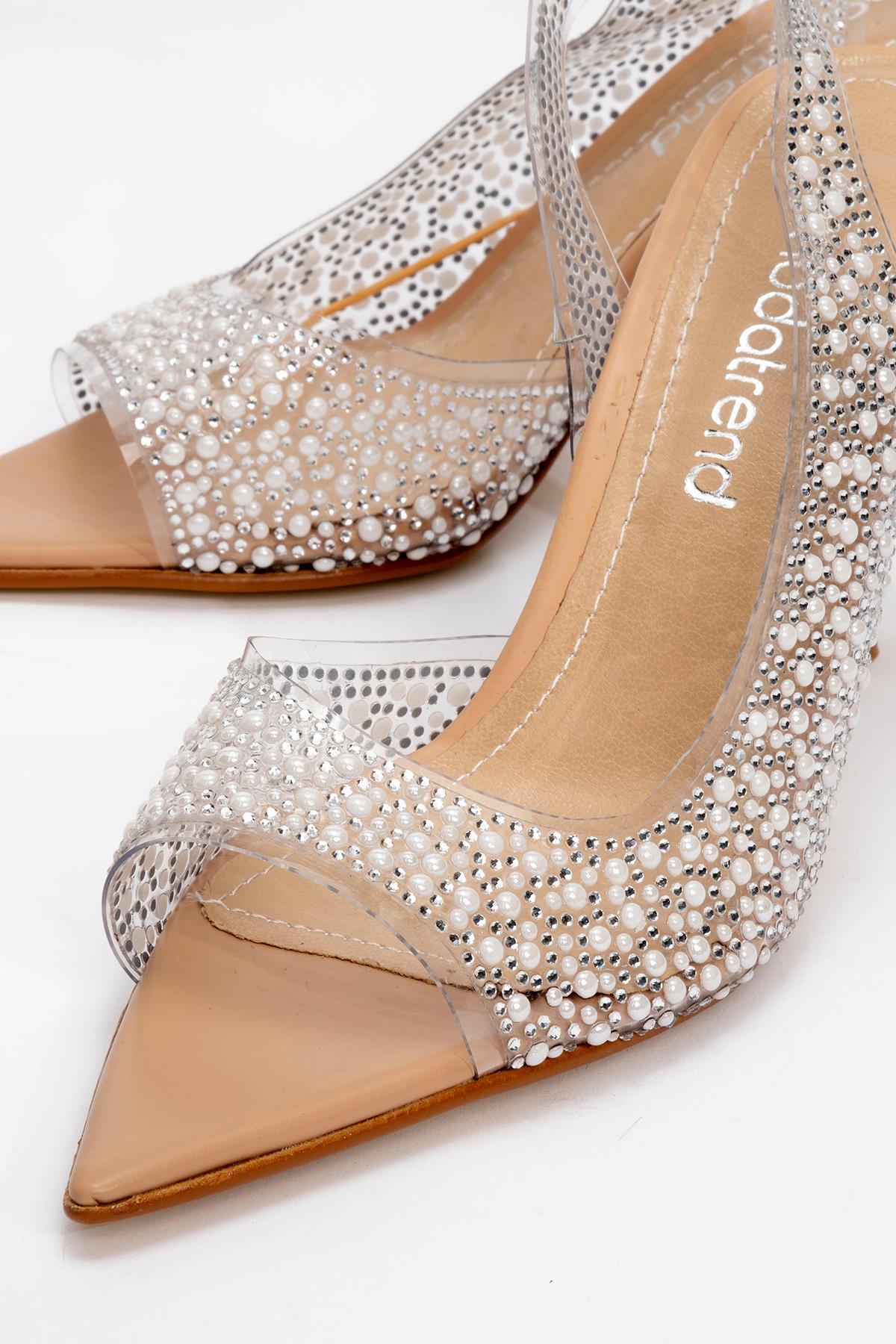 Kadın Taşlı Açık Burun Topuklu Ayakkabı TEN CİLT - Görsel 4