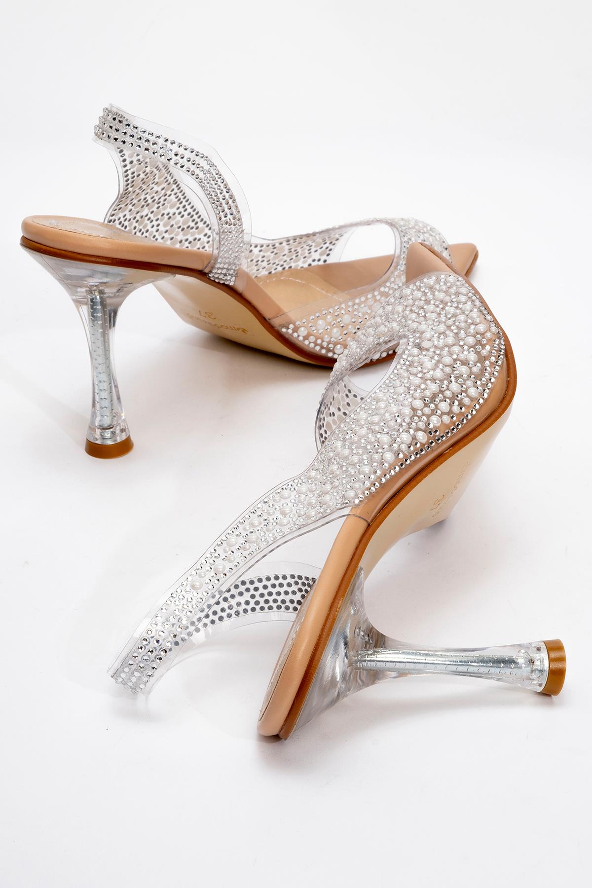 Kadın Taşlı Açık Burun Topuklu Ayakkabı TEN CİLT - Görsel 5