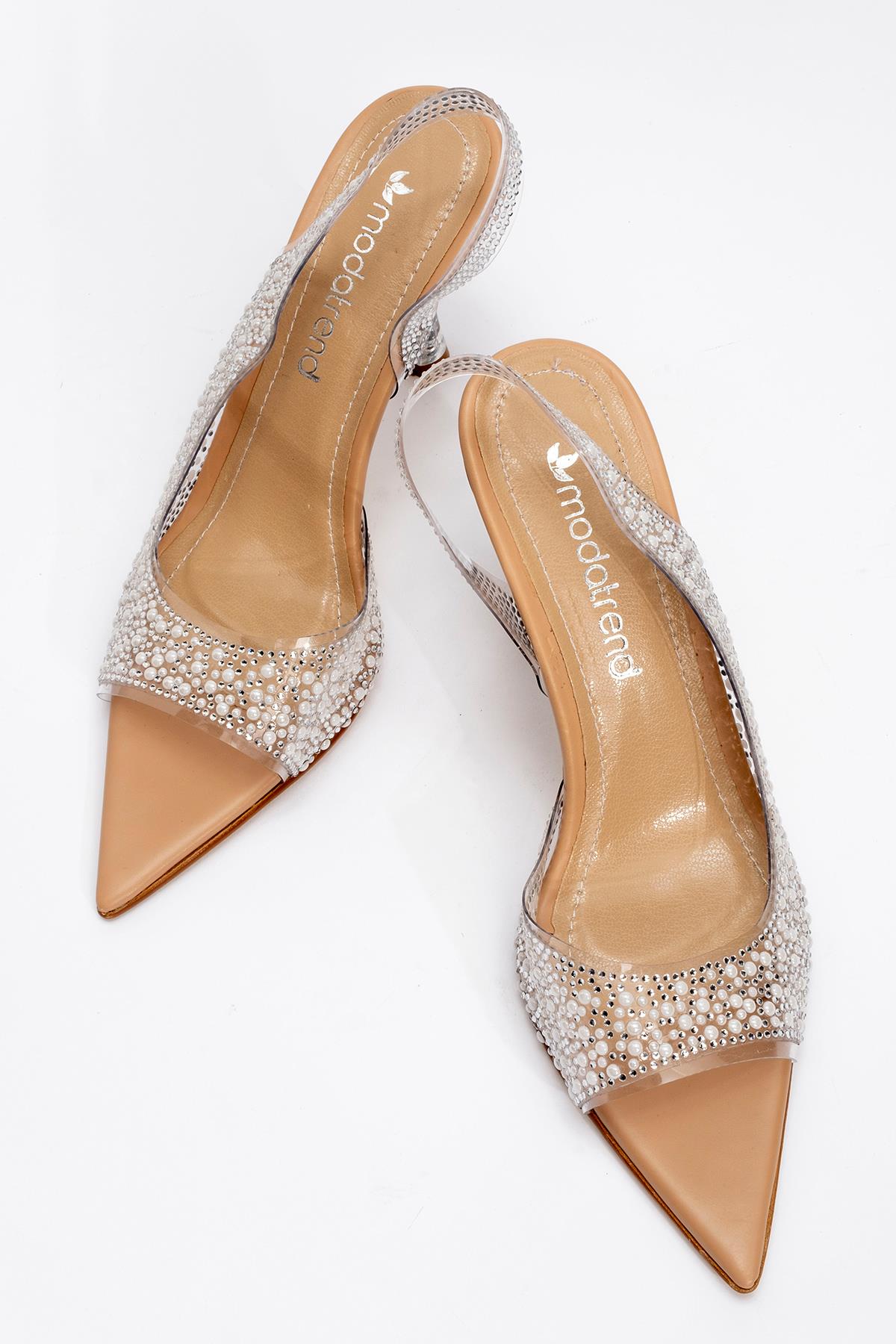 Kadın Taşlı Açık Burun Topuklu Ayakkabı TEN CİLT - Görsel 6