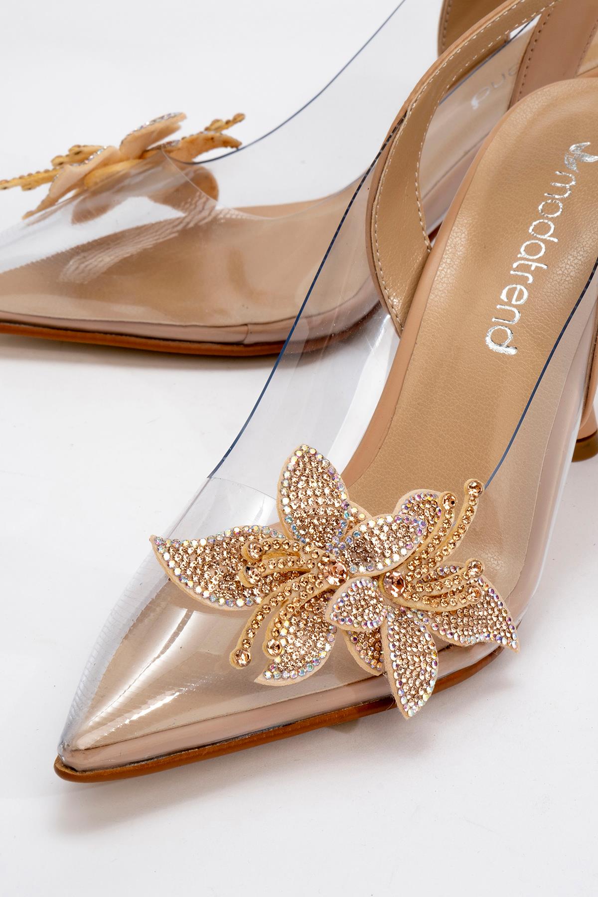 Kadın Taşlı Çiçekli Şeffaf Topuklu Ayakkabı TEN CİLT - Görsel 4