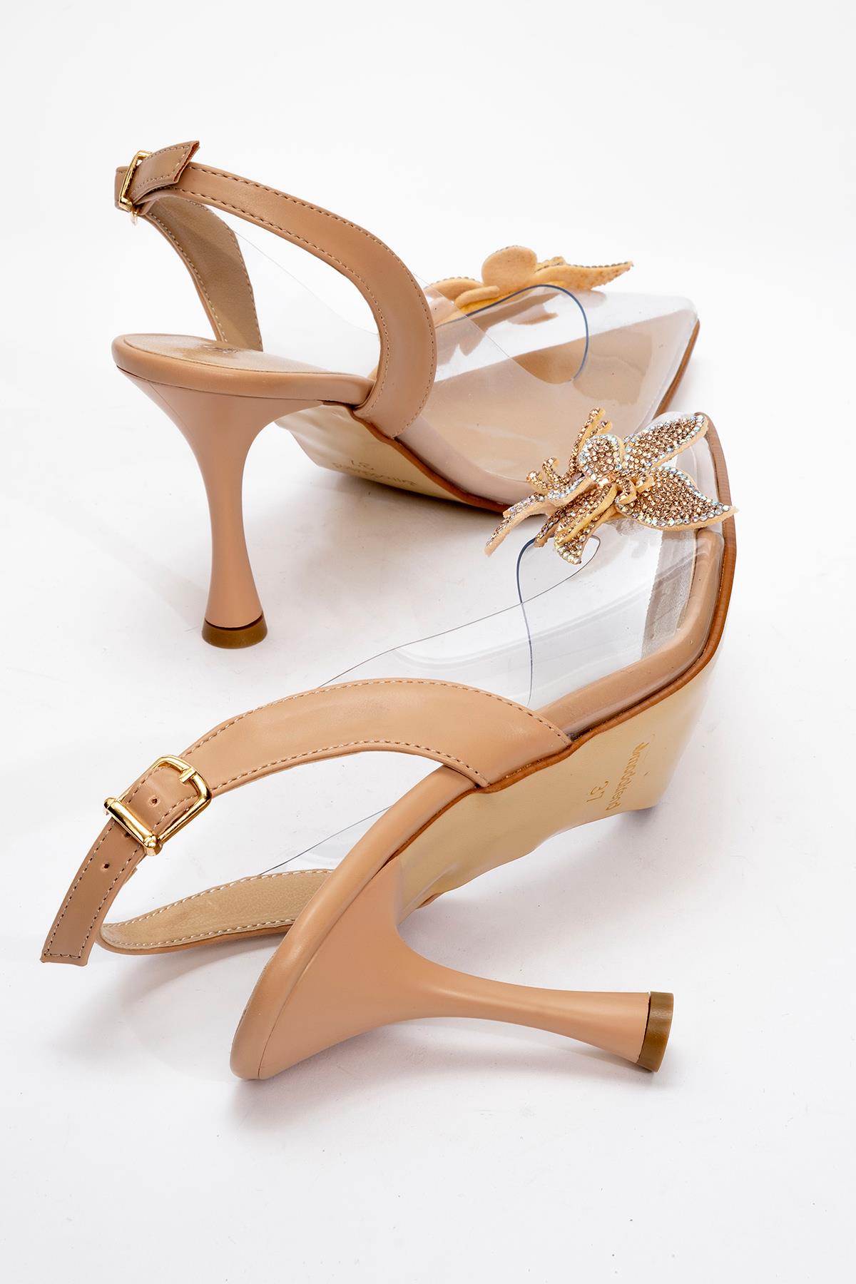 Kadın Taşlı Çiçekli Şeffaf Topuklu Ayakkabı TEN CİLT - Görsel 5