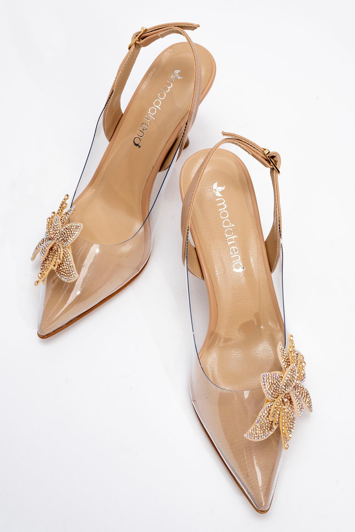 Kadın Taşlı Çiçekli Şeffaf Topuklu Ayakkabı TEN CİLT - Görsel 6