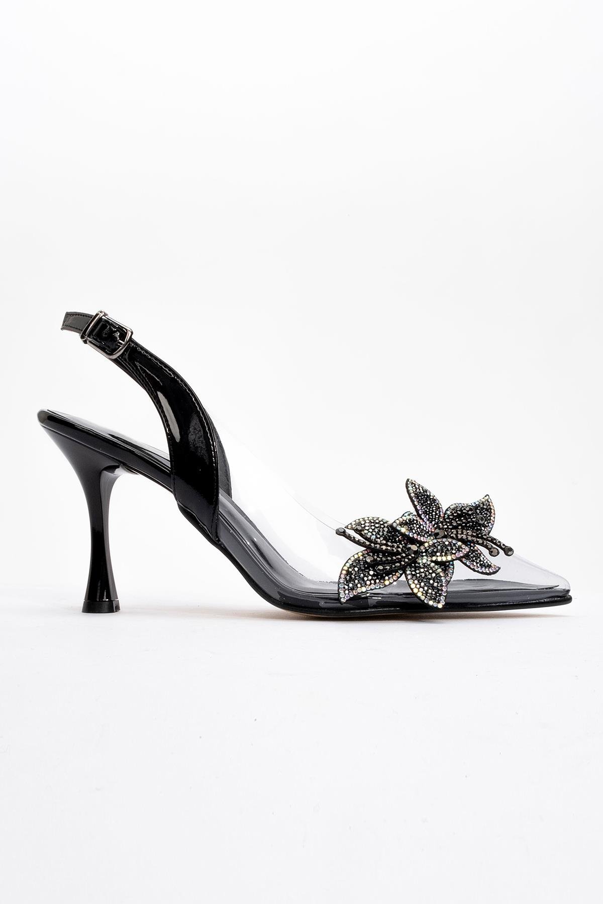Kadın Taşlı Çiçekli Şeffaf Topuklu Ayakkabı SİYAH RUGAN - Görsel 3