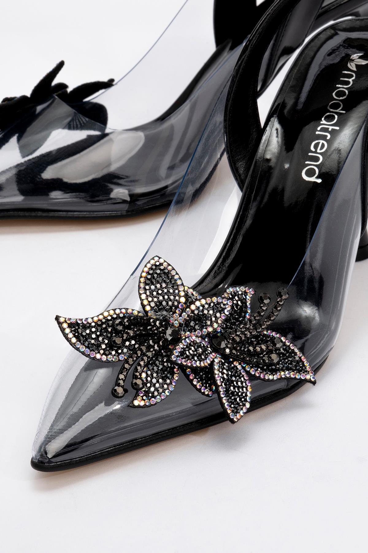 Kadın Taşlı Çiçekli Şeffaf Topuklu Ayakkabı SİYAH RUGAN - Görsel 4