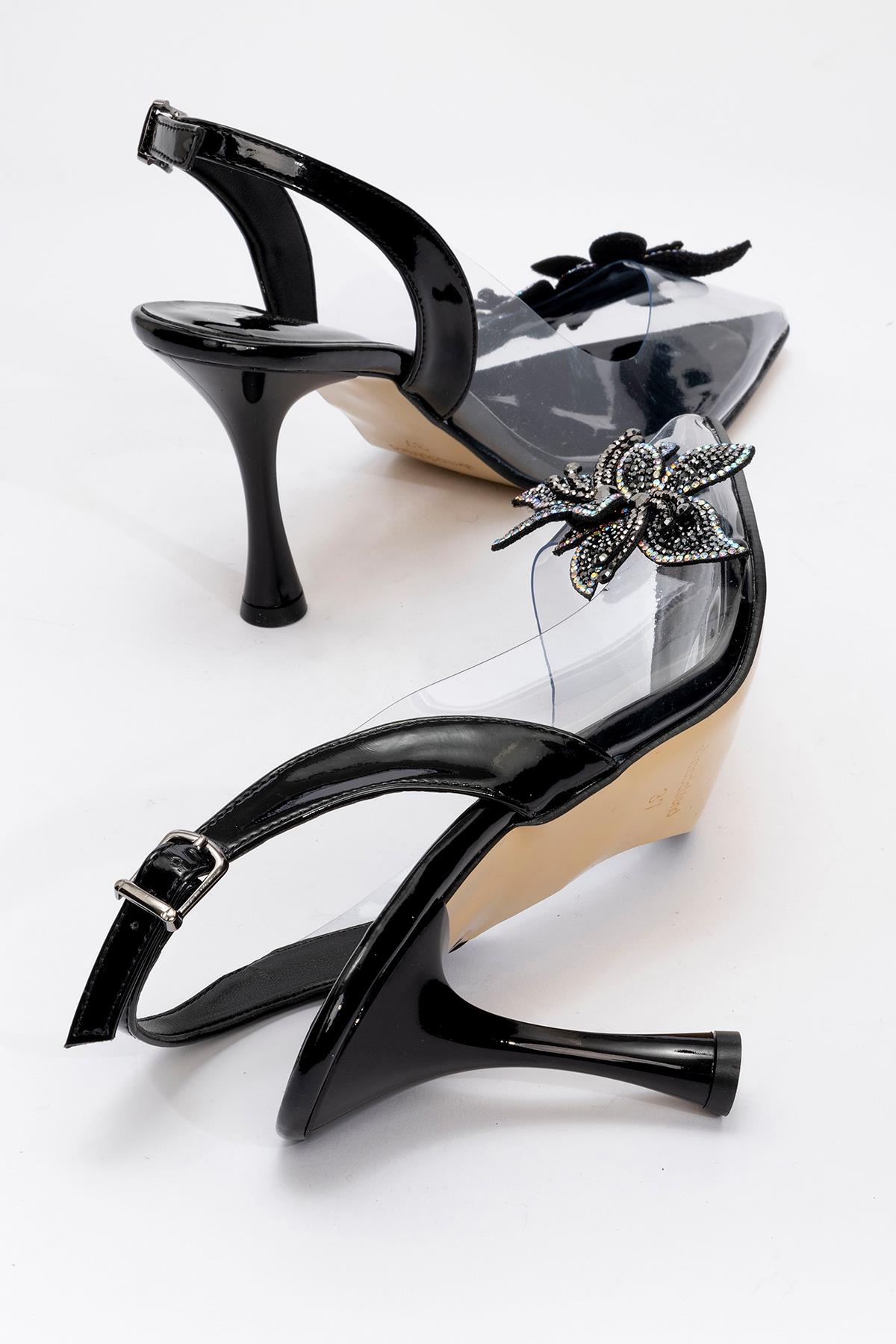 Kadın Taşlı Çiçekli Şeffaf Topuklu Ayakkabı SİYAH RUGAN - Görsel 5