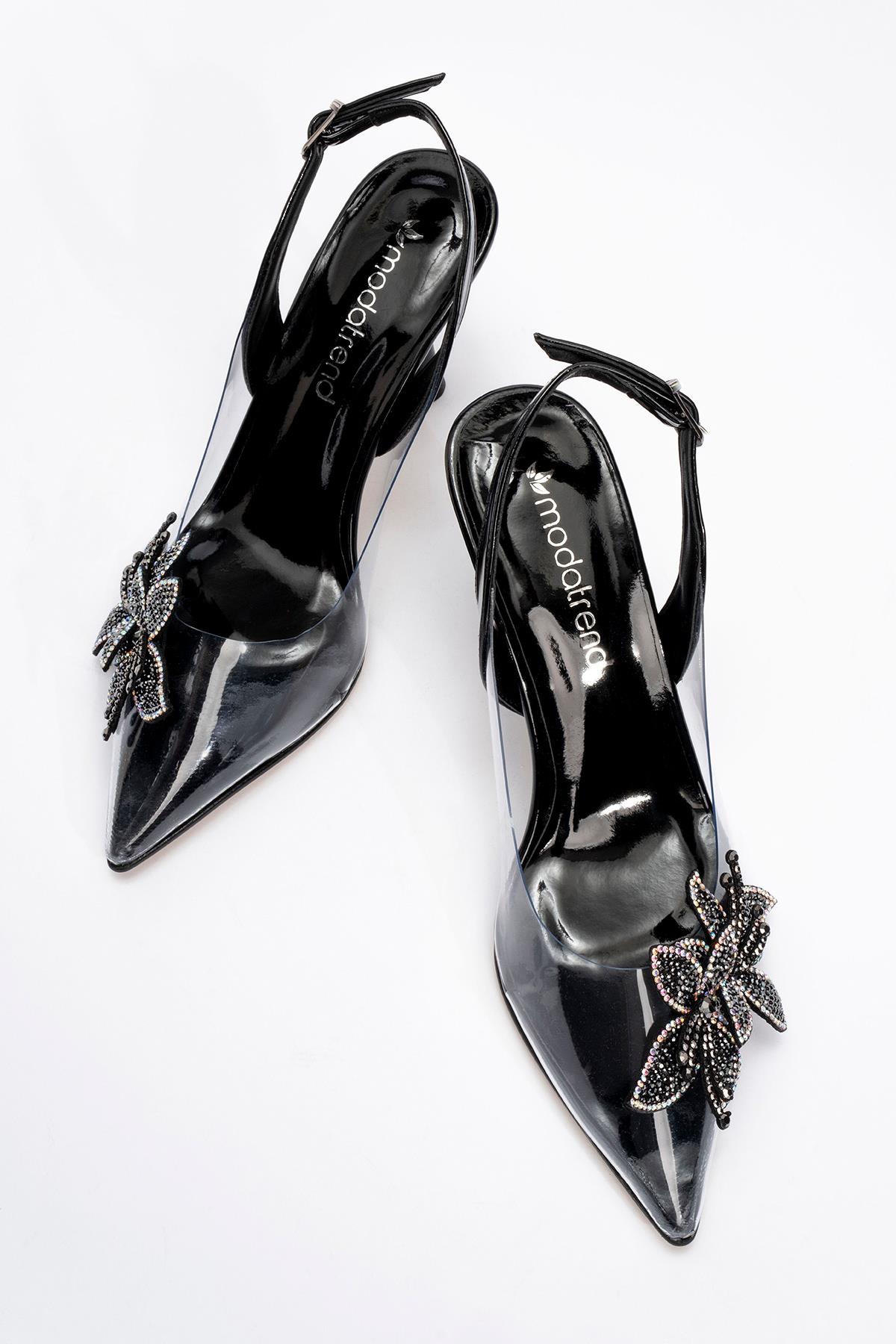 Kadın Taşlı Çiçekli Şeffaf Topuklu Ayakkabı SİYAH RUGAN - Görsel 6