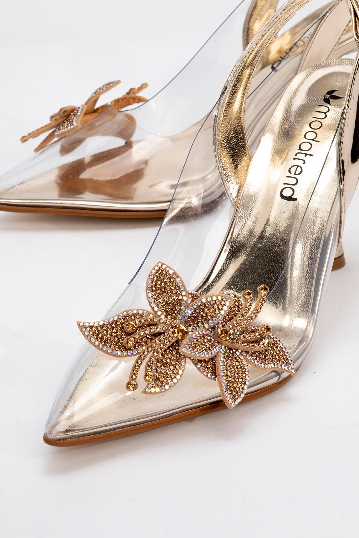 Kadın Taşlı Çiçekli Şeffaf Topuklu Ayakkabı LAYT ALTIN AYNA - Görsel 4