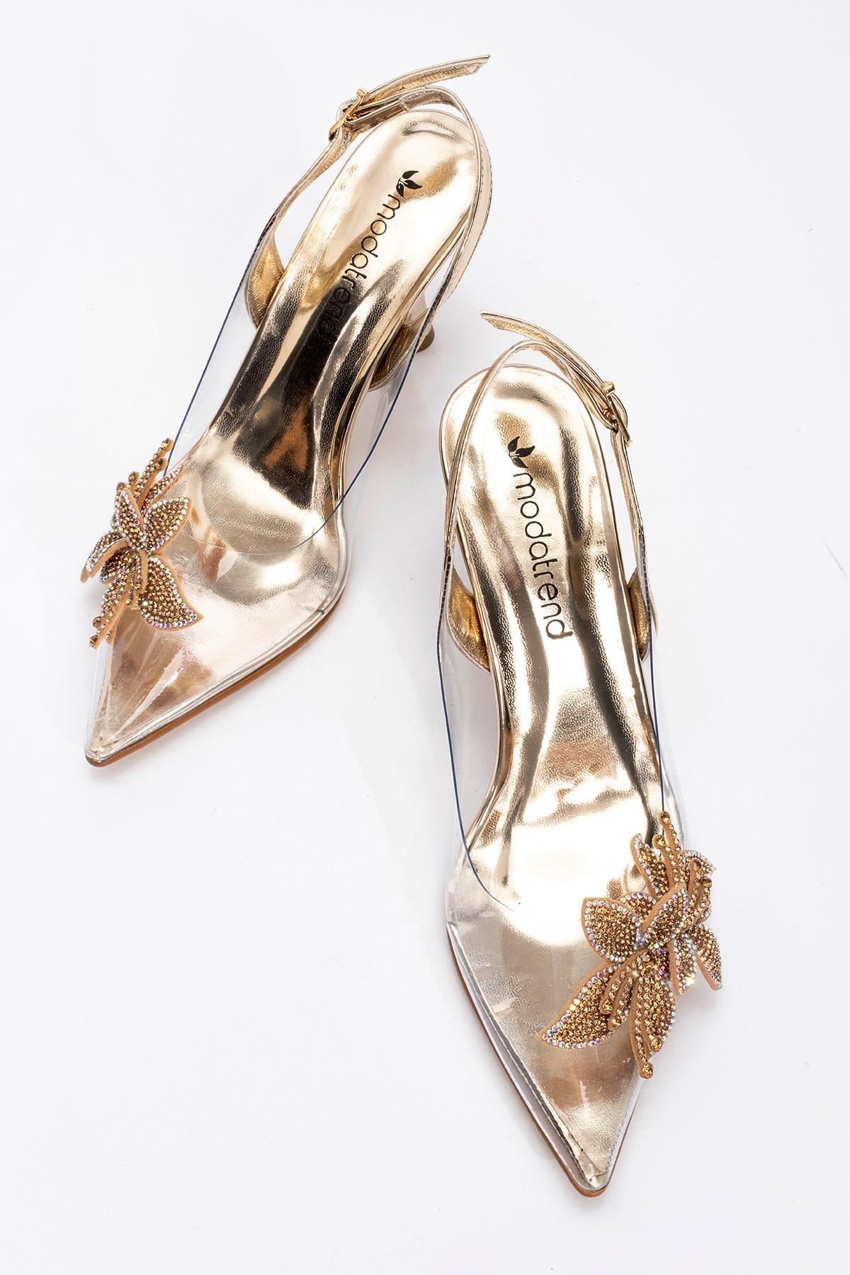 Kadın Taşlı Çiçekli Şeffaf Topuklu Ayakkabı LAYT ALTIN AYNA - Görsel 6