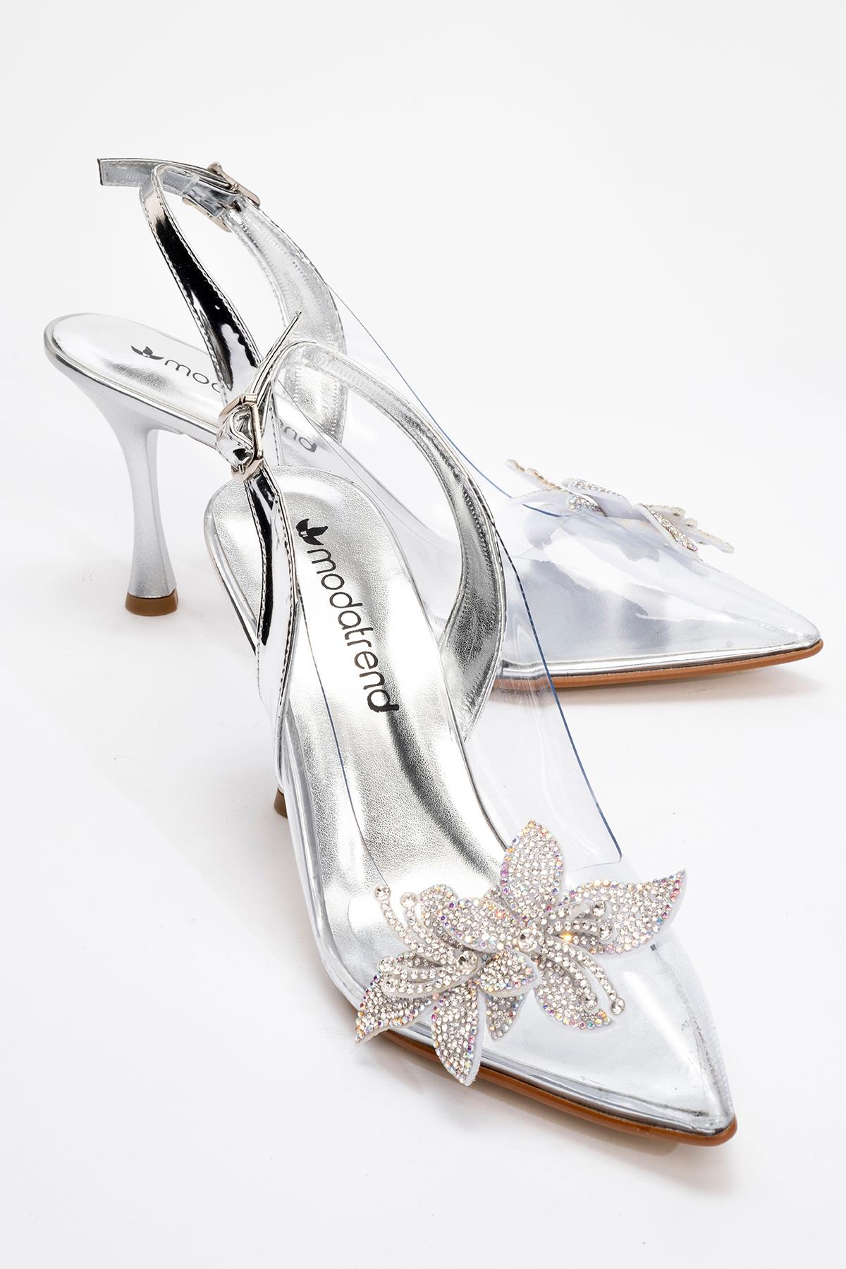 Kadın Taşlı Çiçekli Şeffaf Topuklu Ayakkabı GÜMÜŞ AYNA - Görsel 2