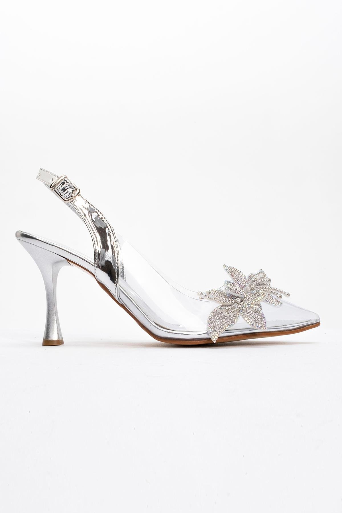 Kadın Taşlı Çiçekli Şeffaf Topuklu Ayakkabı GÜMÜŞ AYNA - Görsel 3