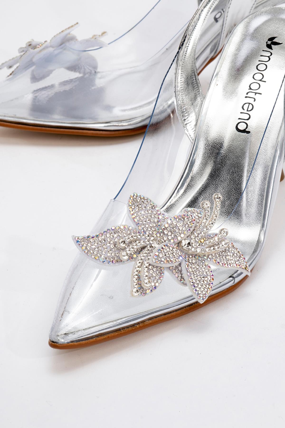 Kadın Taşlı Çiçekli Şeffaf Topuklu Ayakkabı GÜMÜŞ AYNA - Görsel 4
