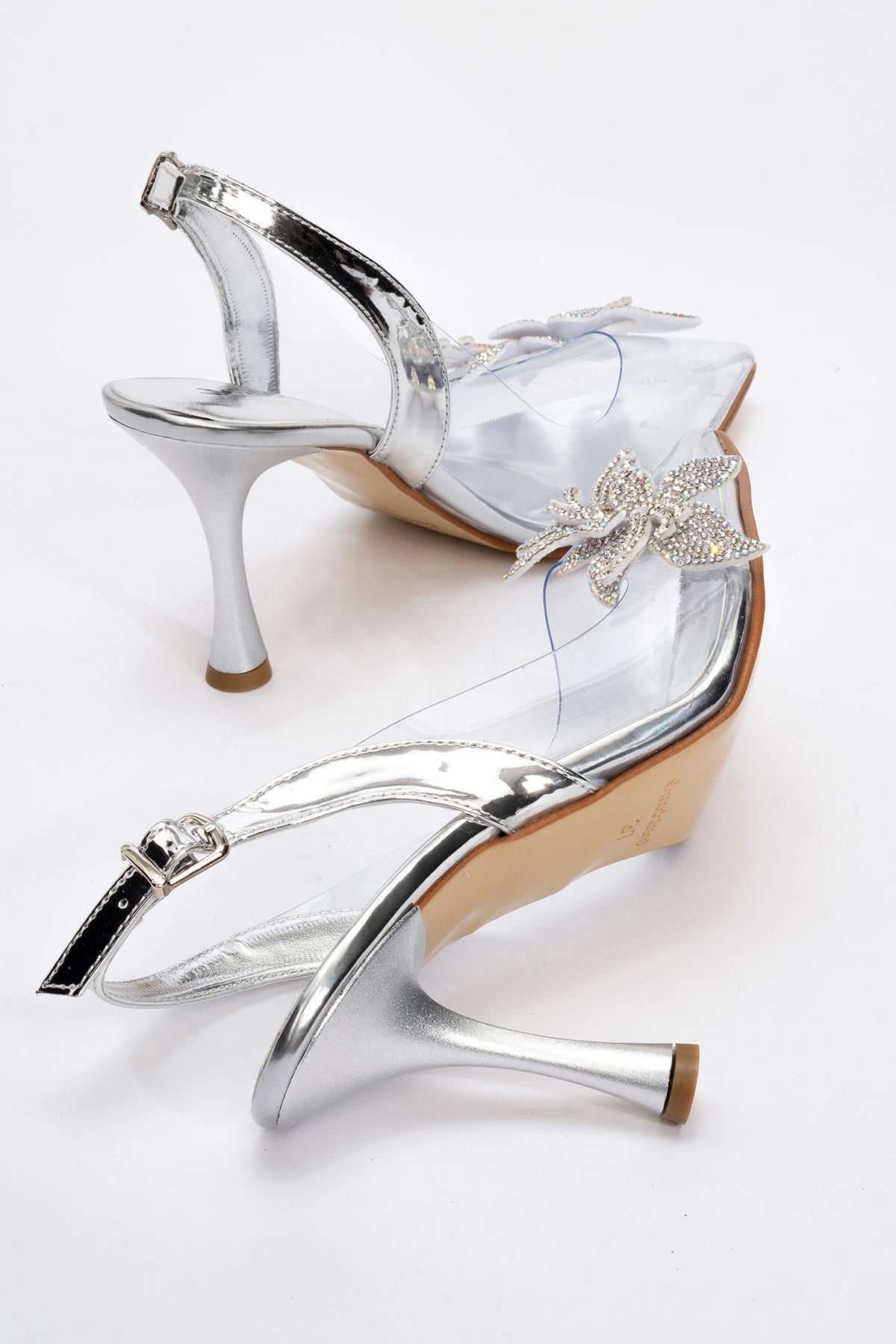 Kadın Taşlı Çiçekli Şeffaf Topuklu Ayakkabı GÜMÜŞ AYNA - Görsel 5