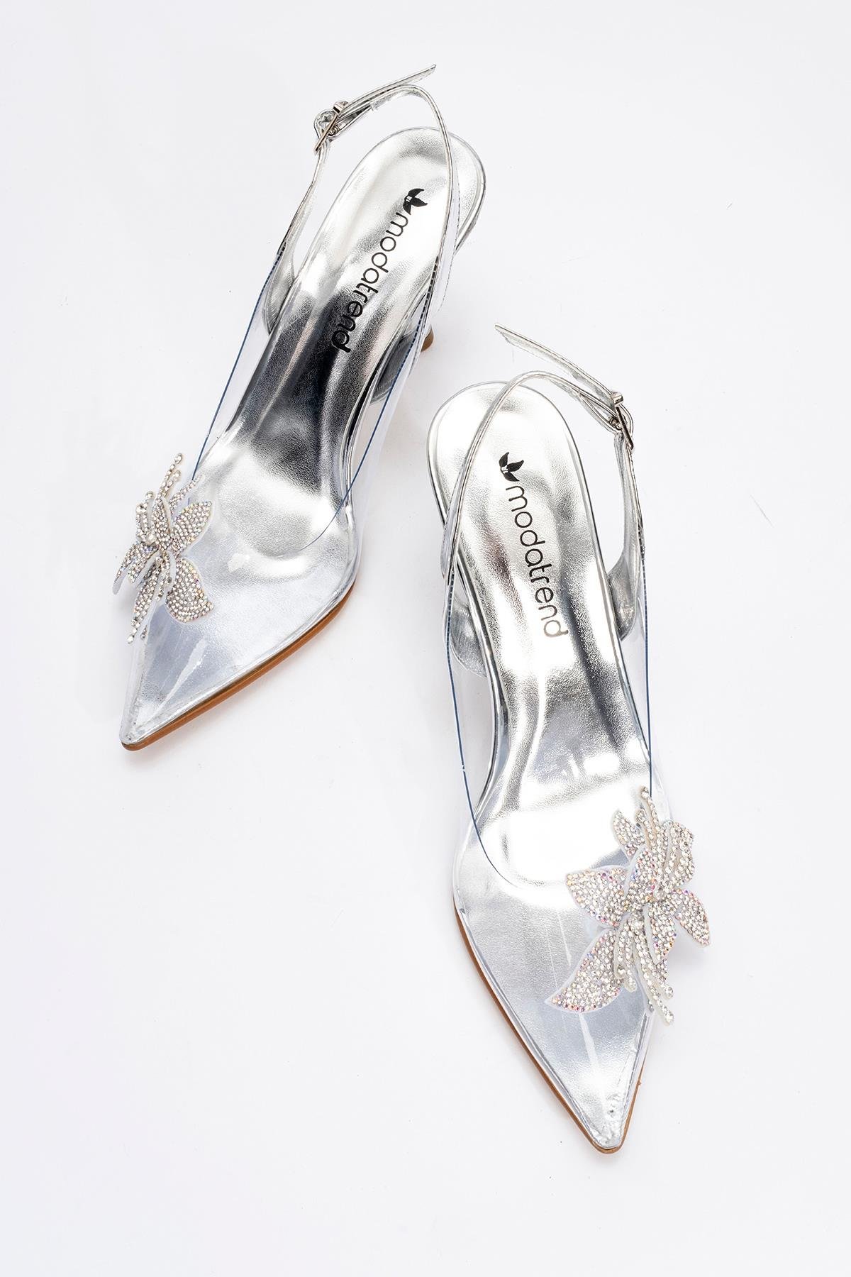 Kadın Taşlı Çiçekli Şeffaf Topuklu Ayakkabı GÜMÜŞ AYNA - Görsel 6