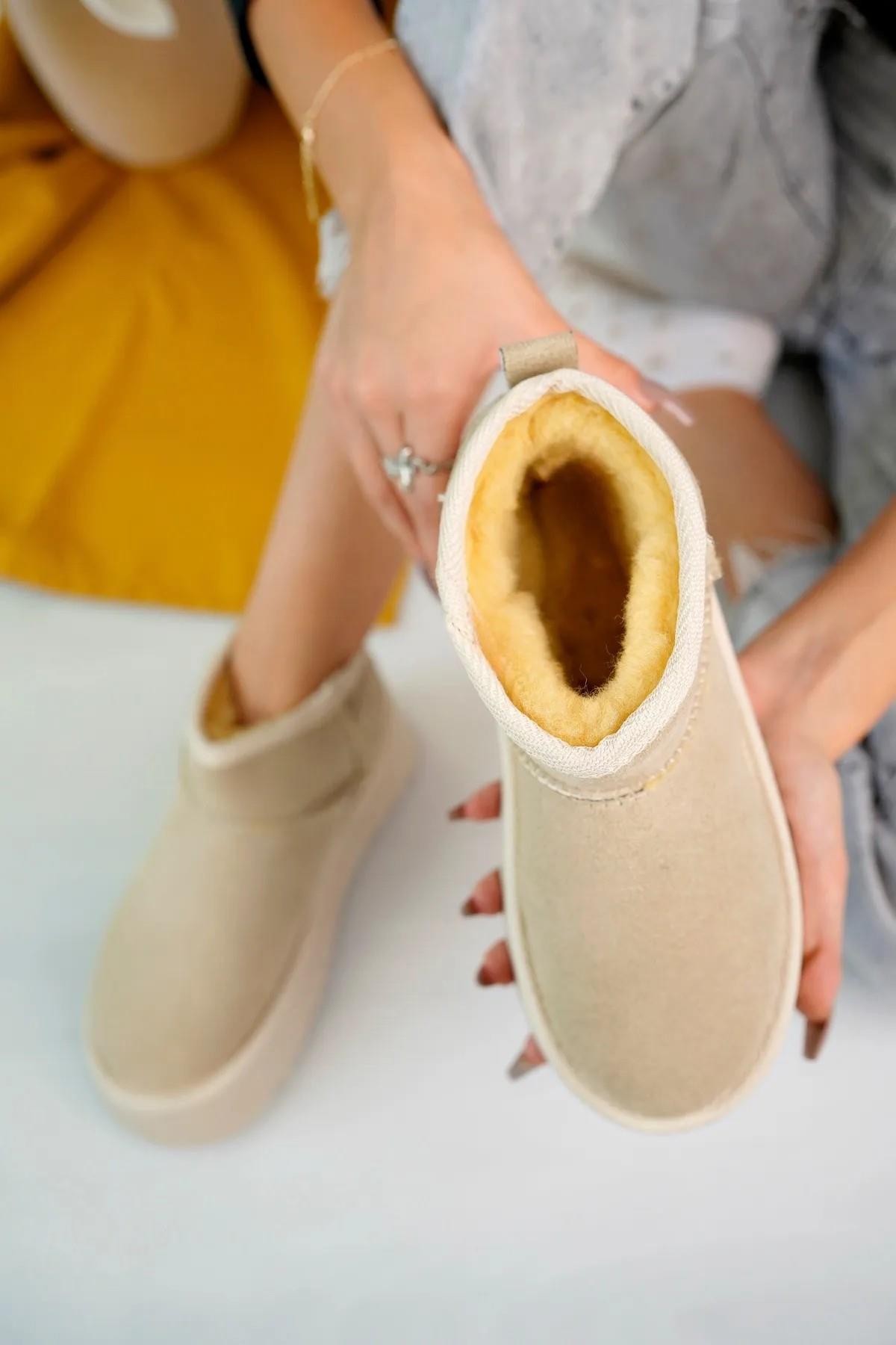 Elanaz Süet İçi Kürklü Kalın Taban Mini Boy Bilekte Kısa Kadın Bot - Görsel 5