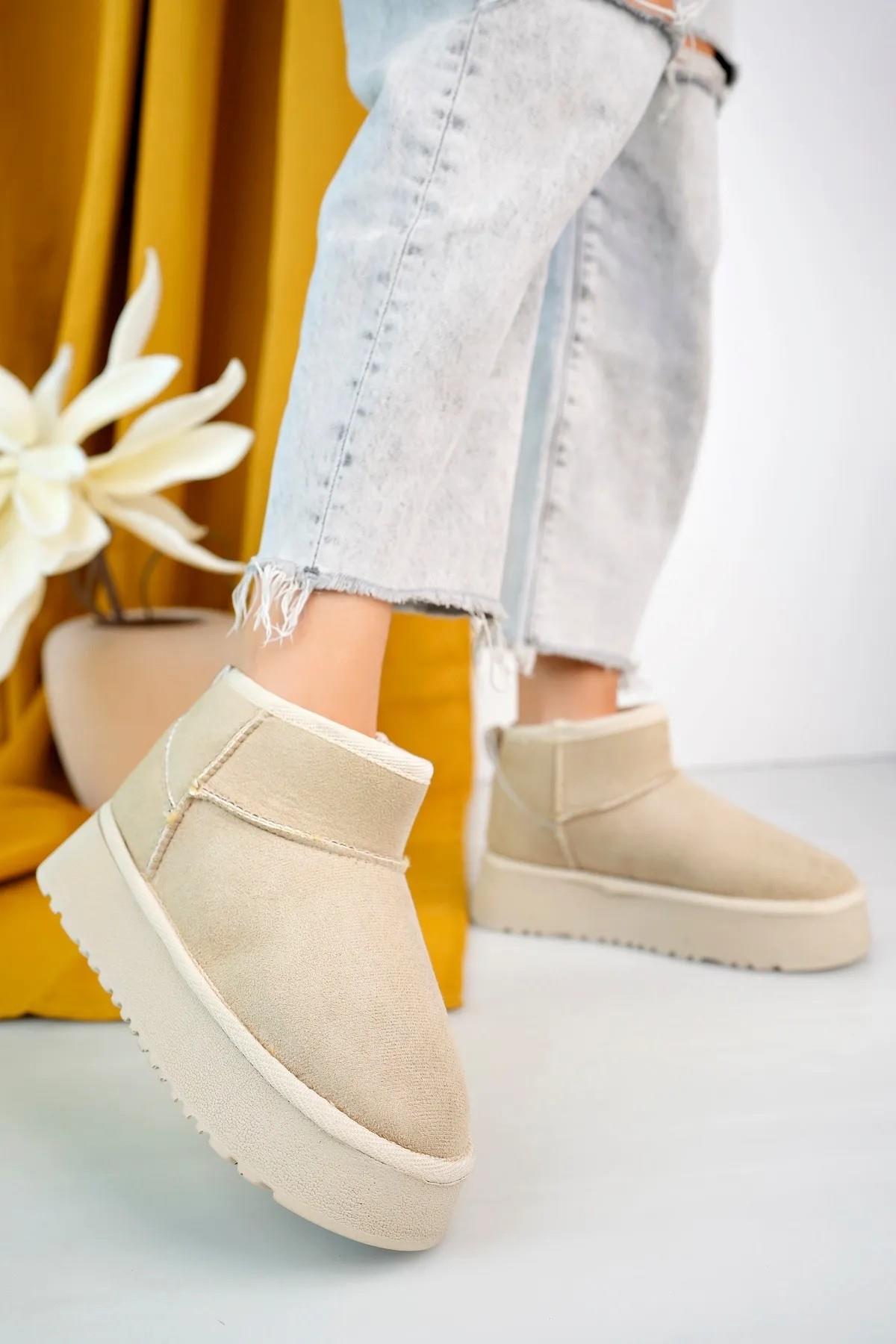 Elanaz Süet İçi Kürklü Kalın Taban Mini Boy Bilekte Kısa Kadın Bot - Görsel 6