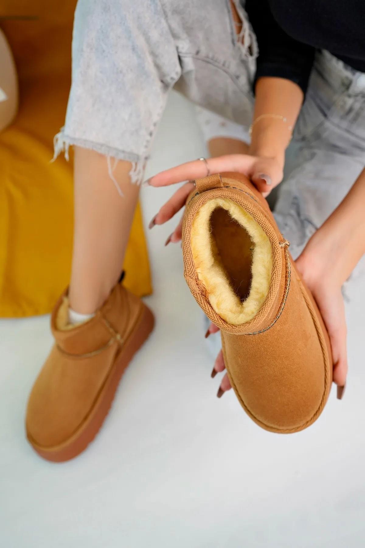 Elanaz Süet İçi Kürklü Kalın Taban Mini Boy Bilekte Kısa Kadın Bot - Görsel 5