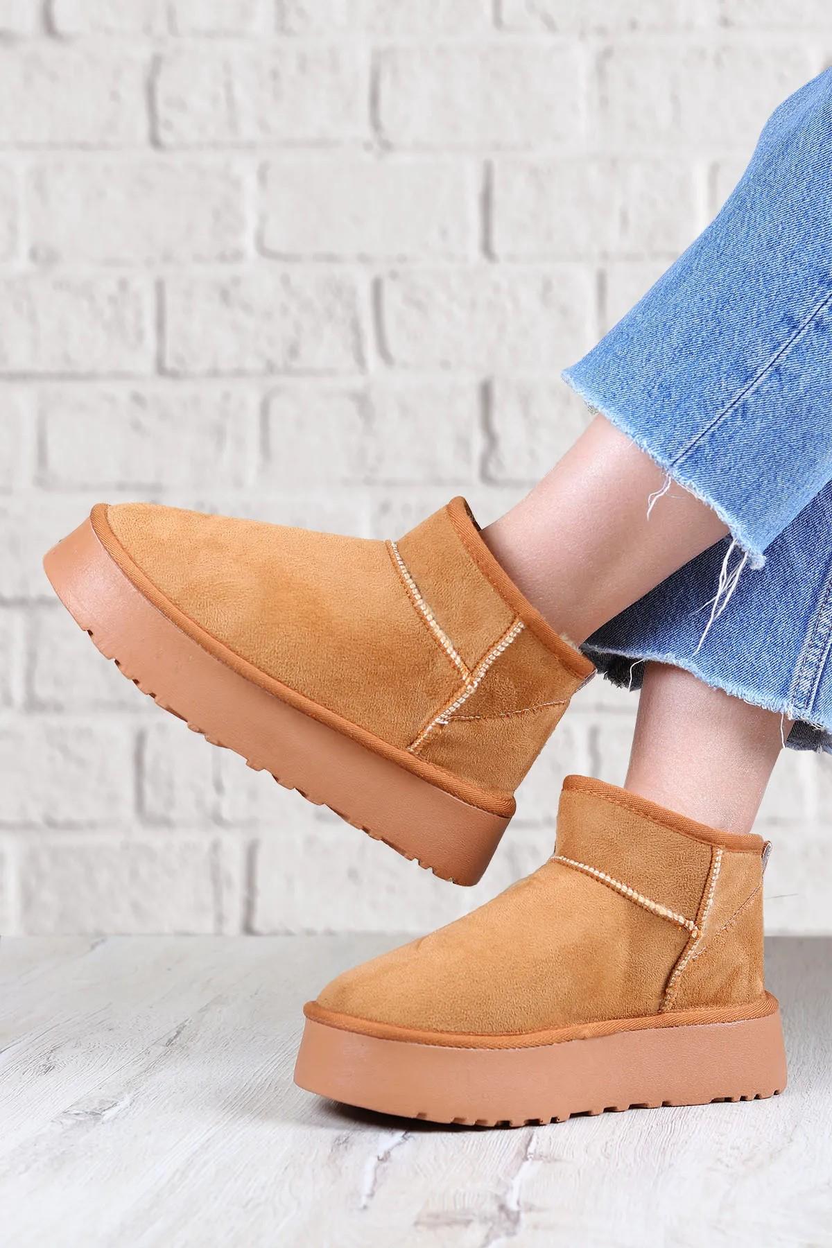 Elanaz Süet İçi Kürklü Kalın Taban Mini Boy Bilekte Kısa Kadın Bot - Görsel 6