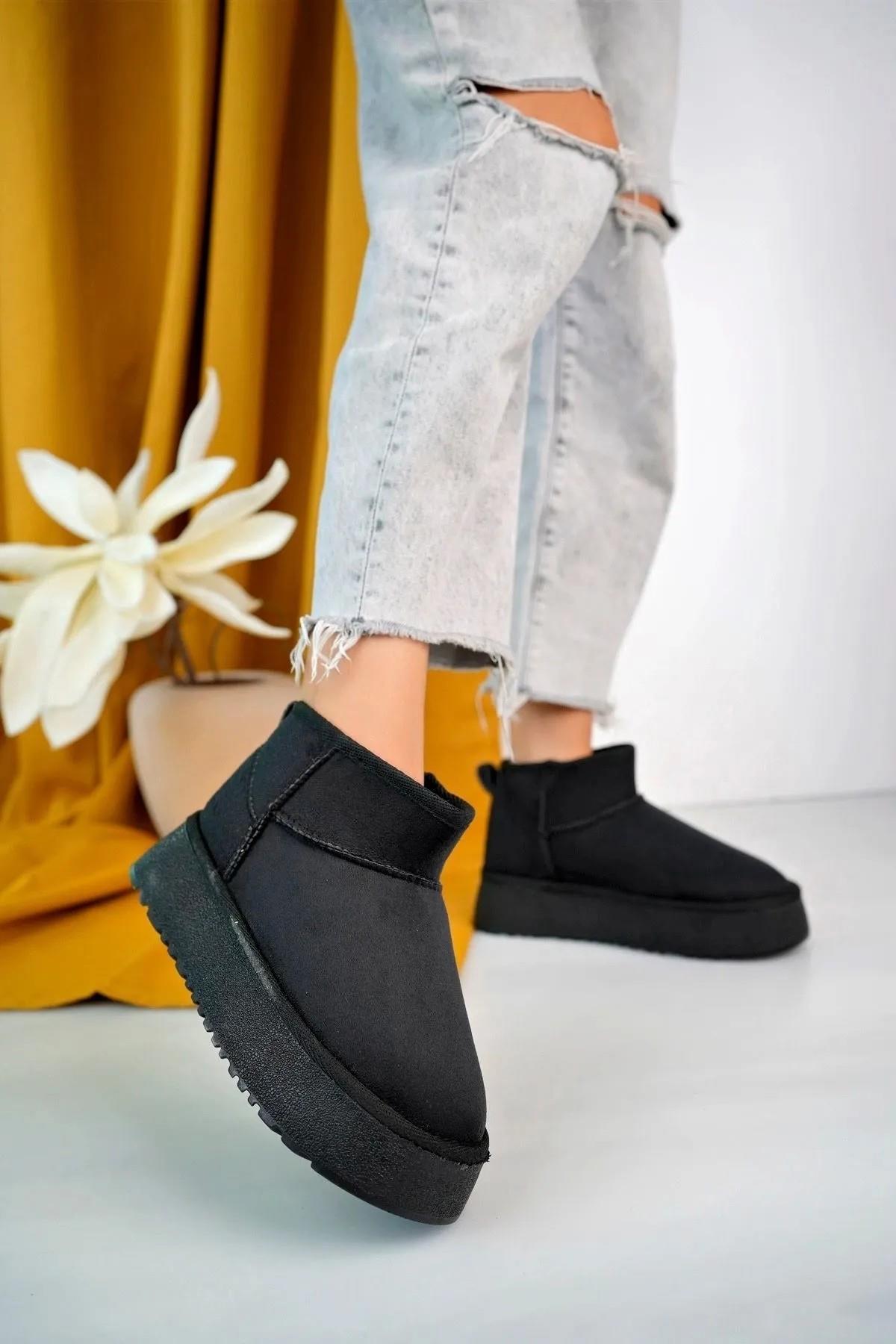 Elanaz Süet İçi Kürklü Kalın Taban Mini Boy Bilekte Kısa Kadın Bot - Görsel 5