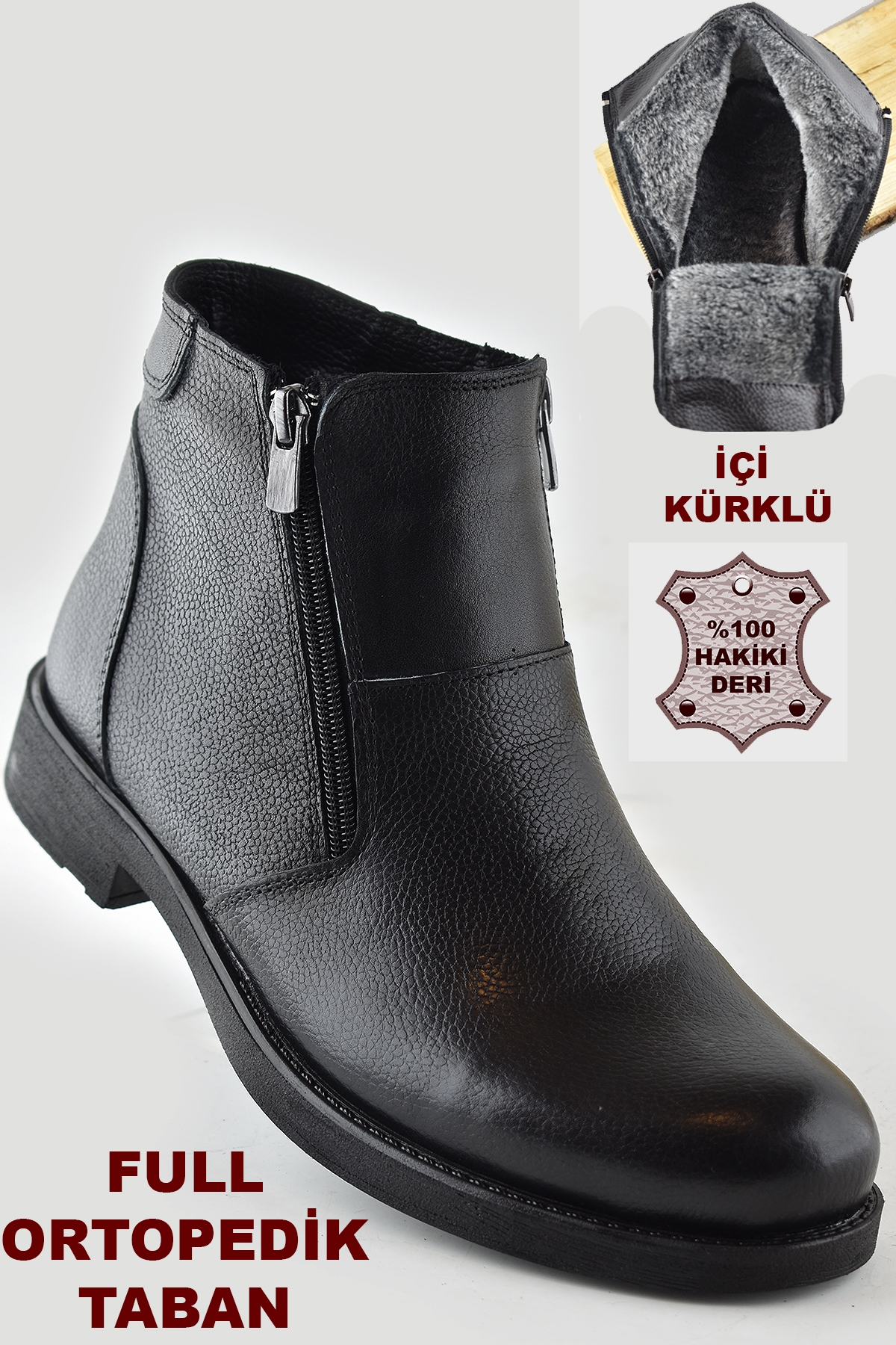 Ayakkabı Burada TAB3406 İçi Kürklü Hakiki Deri Erkek Bot Ayakkabı Ortopedik Taban Fermuarlı Deri Bot - Görsel 2