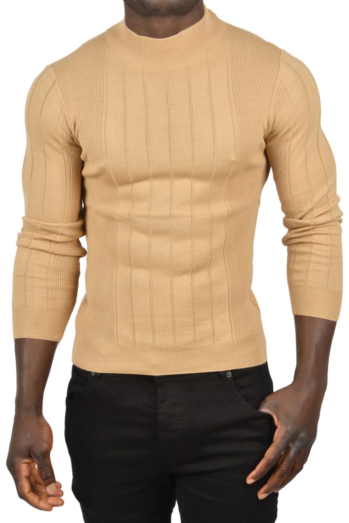 DeepSEA Erkek Camel Yarım Balıkçı Yaka Çizgili Tüylenmeyen Slim Fit Triko Kazak 2505491