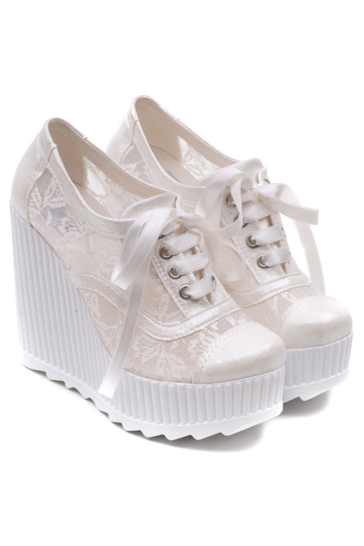 Dantelli Yüksek Dolgu Topuk (12cm) Gelin Ayakkabısı - Görsel 5
