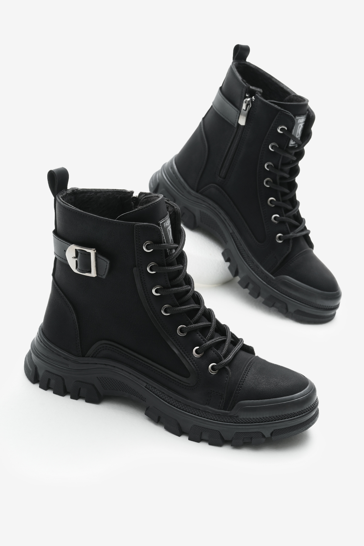 Kadın Siyah Mat Termo Taban Yanı Tokalı Bağcıklı ve Fermuarlı Bot - Görsel 2