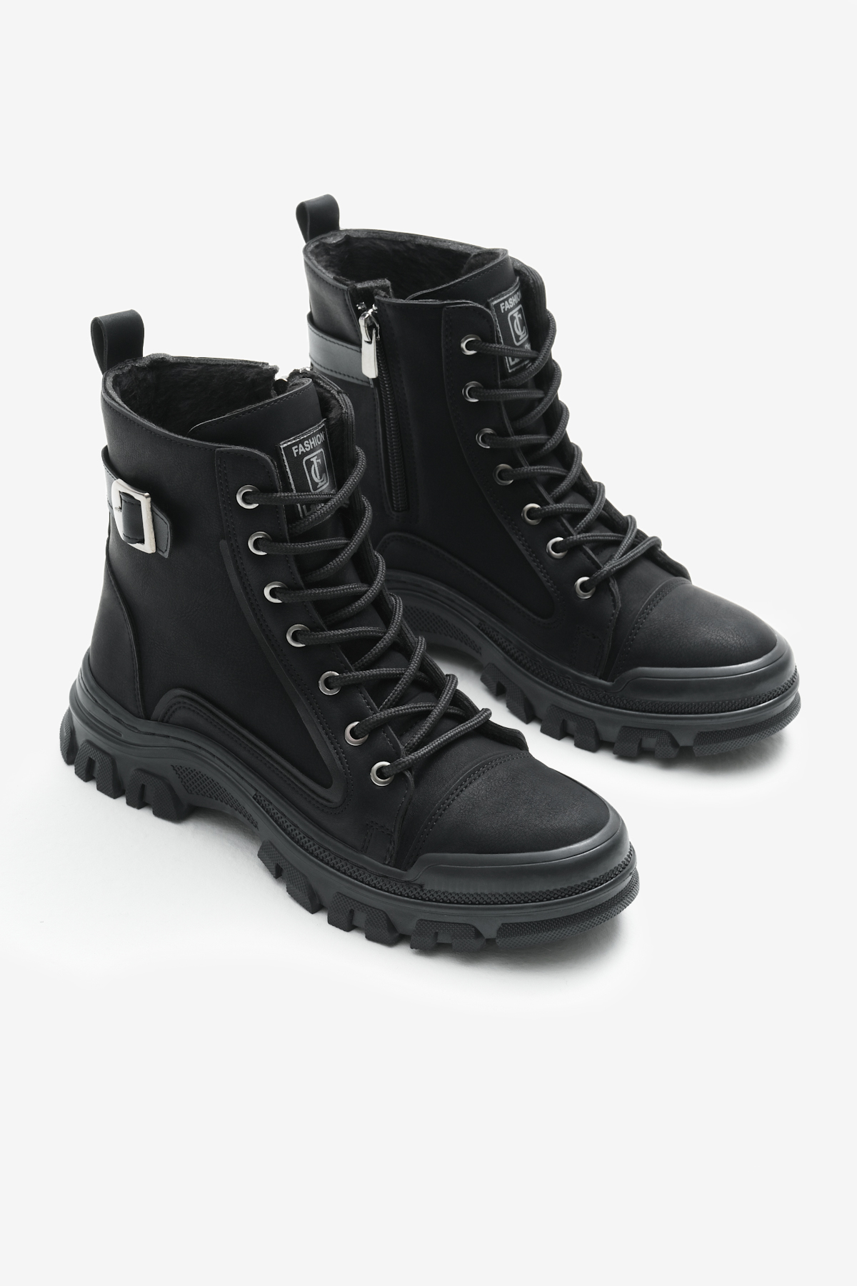 Kadın Siyah Mat Termo Taban Yanı Tokalı Bağcıklı ve Fermuarlı Bot - Görsel 4