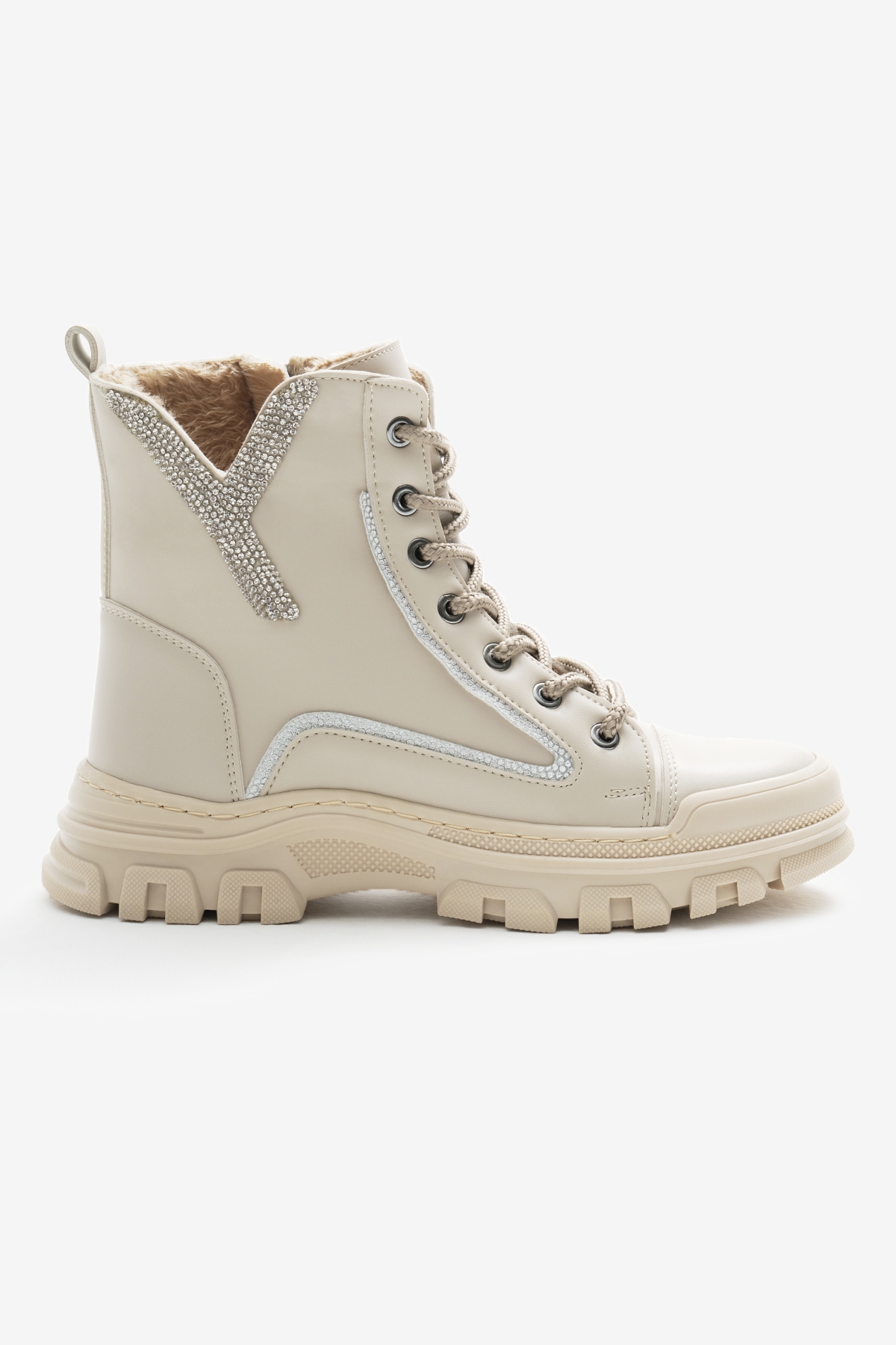 Kadın Bej Cilt Termo Taban Desenli Bağcıklı ve Fermuarlı Bot - Görsel 3