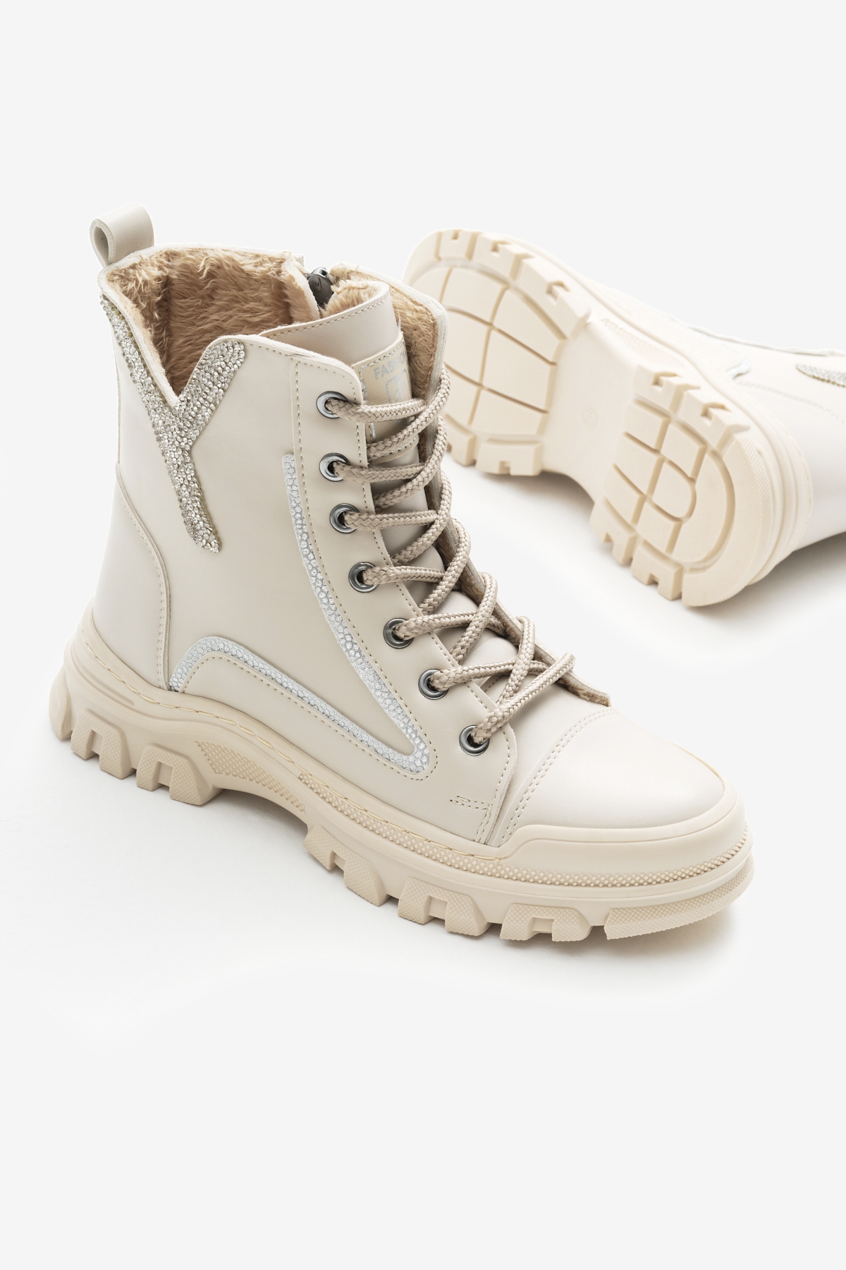 Kadın Bej Cilt Termo Taban Desenli Bağcıklı ve Fermuarlı Bot - Görsel 5