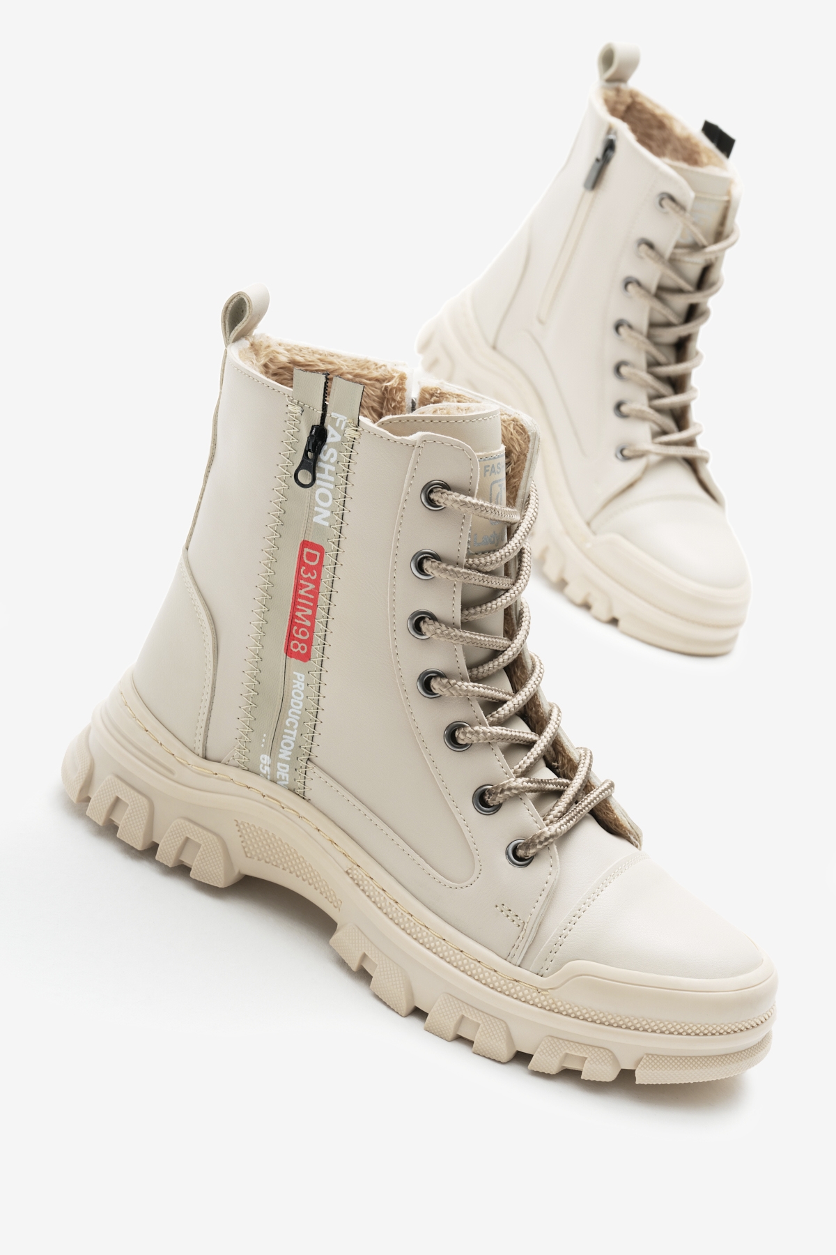 Kadın Bej Cilt Termo Taban Yanı Şerit Yazılı Bağcıklı ve Fermuarlı Bot - Görsel 2