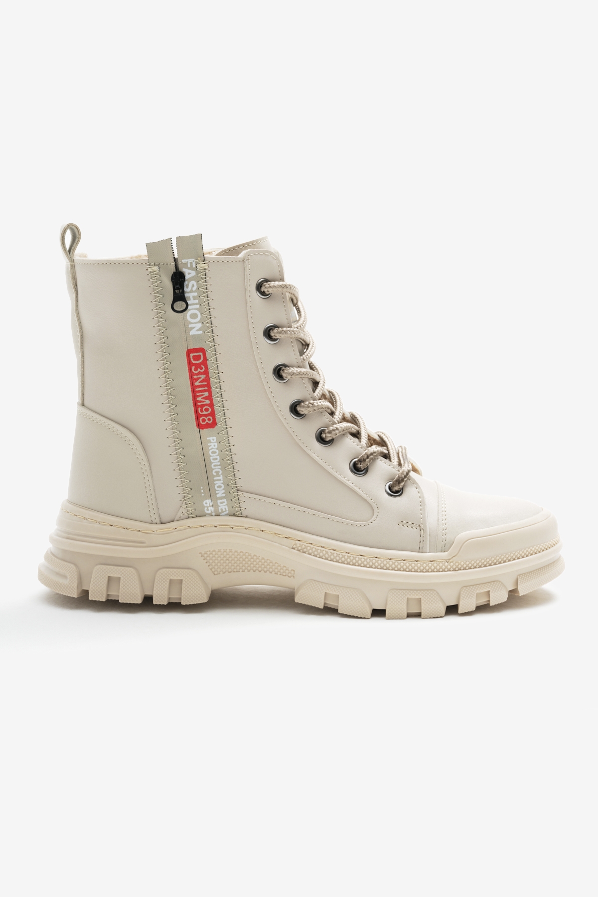 Kadın Bej Cilt Termo Taban Yanı Şerit Yazılı Bağcıklı ve Fermuarlı Bot - Görsel 3