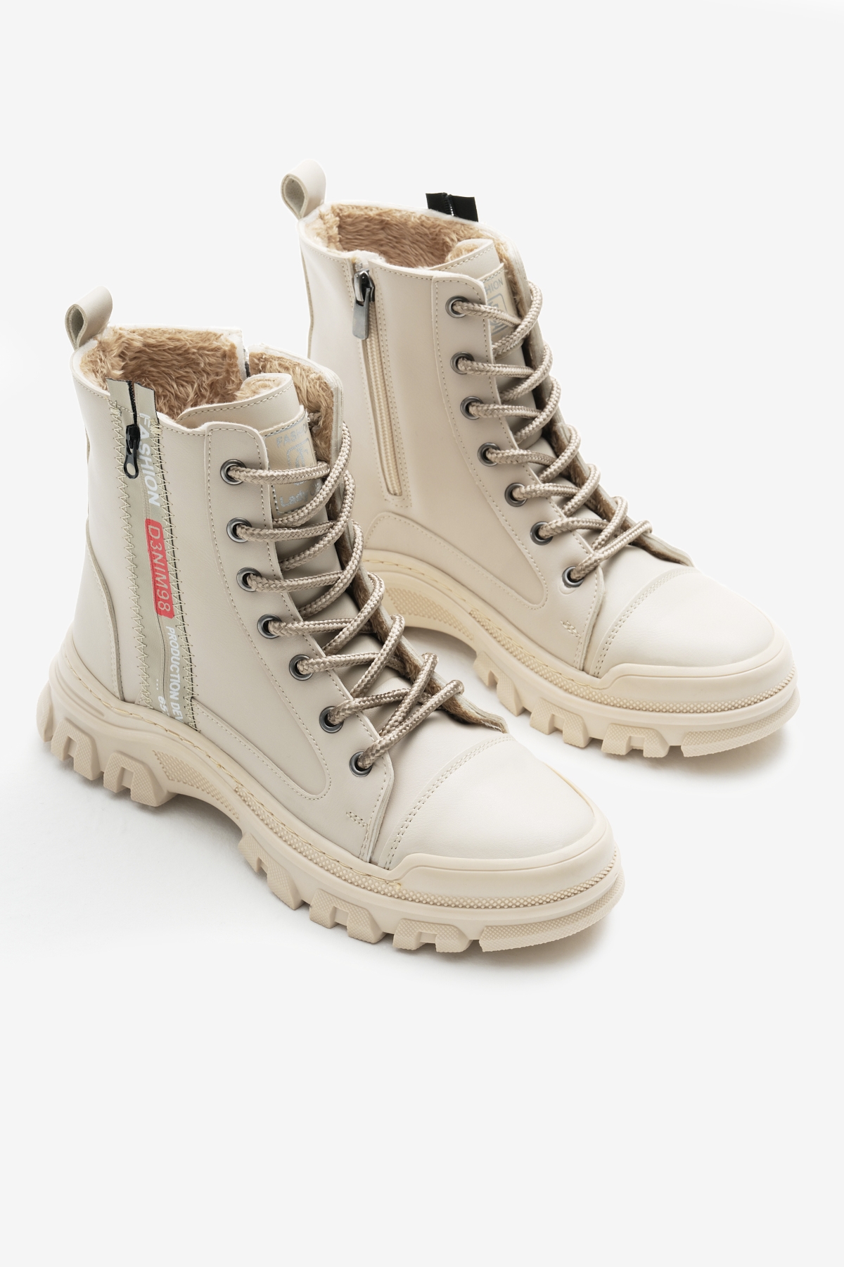 Kadın Bej Cilt Termo Taban Yanı Şerit Yazılı Bağcıklı ve Fermuarlı Bot - Görsel 4