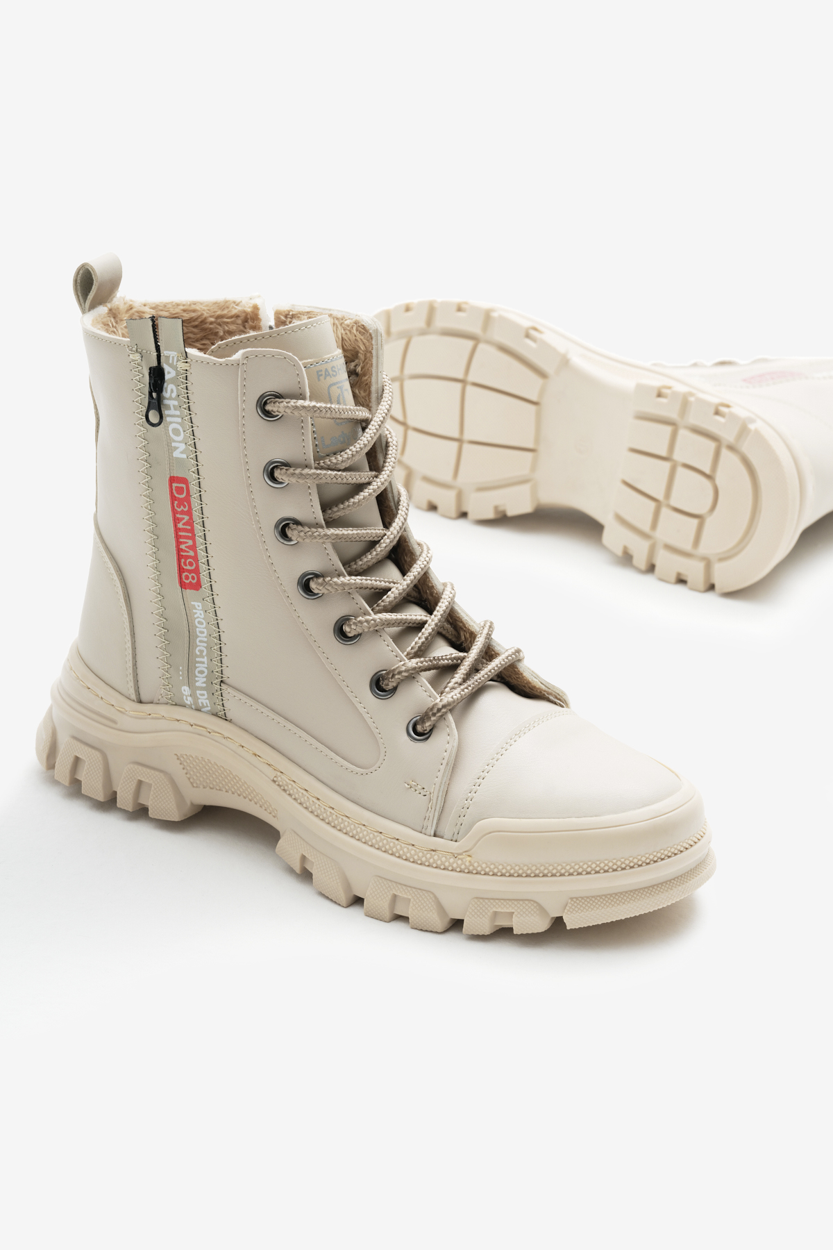 Kadın Bej Cilt Termo Taban Yanı Şerit Yazılı Bağcıklı ve Fermuarlı Bot - Görsel 5