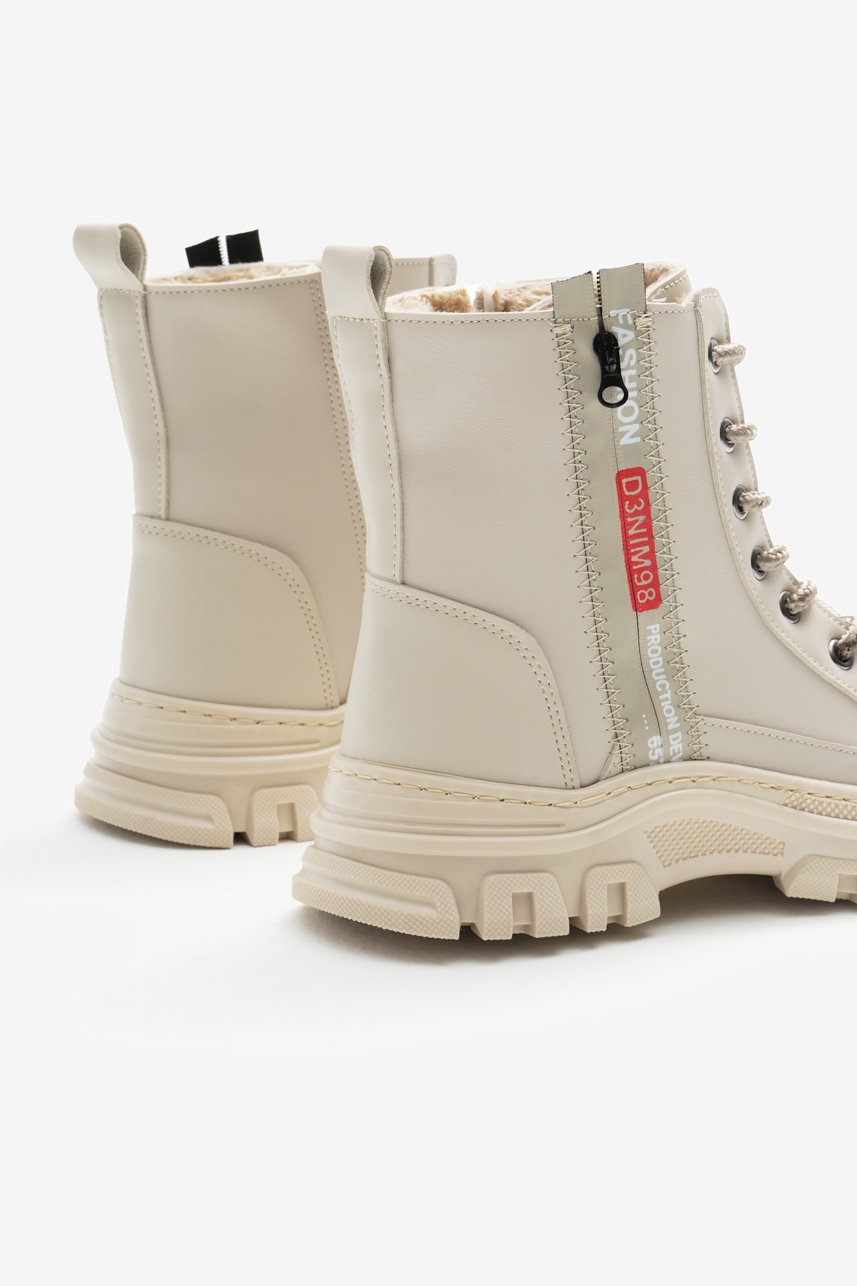 Kadın Bej Cilt Termo Taban Yanı Şerit Yazılı Bağcıklı ve Fermuarlı Bot - Görsel 6